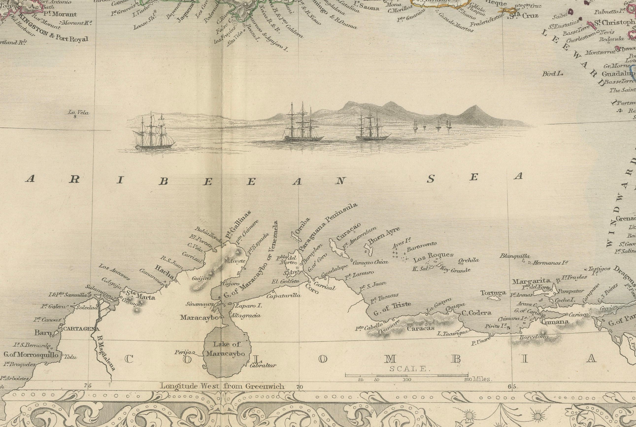 Ornate Cartography of Colonial Grandeur: The West India Islands around 1851 In Good Condition For Sale In Langweer, NL