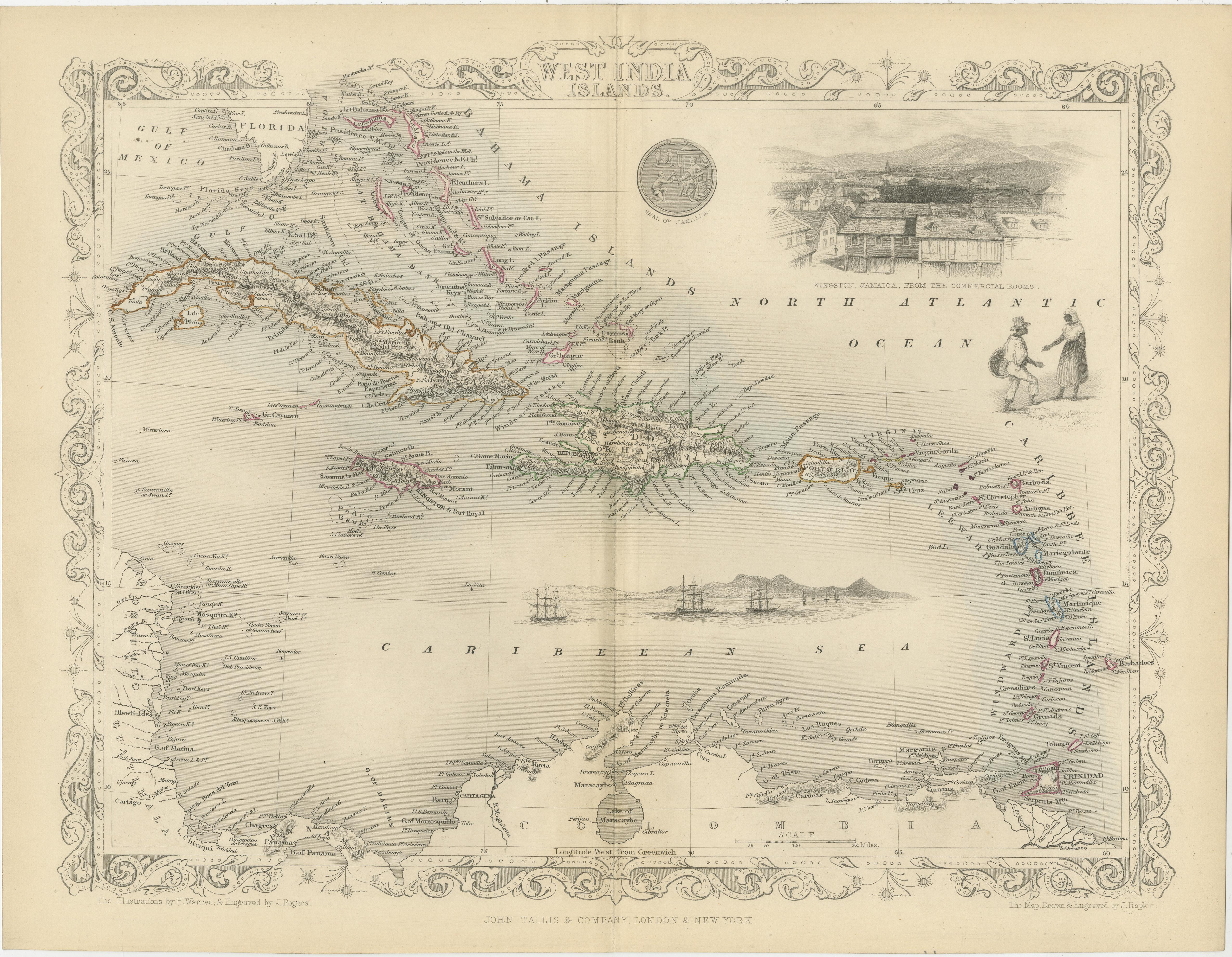 Paper Ornate Cartography of Colonial Grandeur: The West India Islands around 1851 For Sale