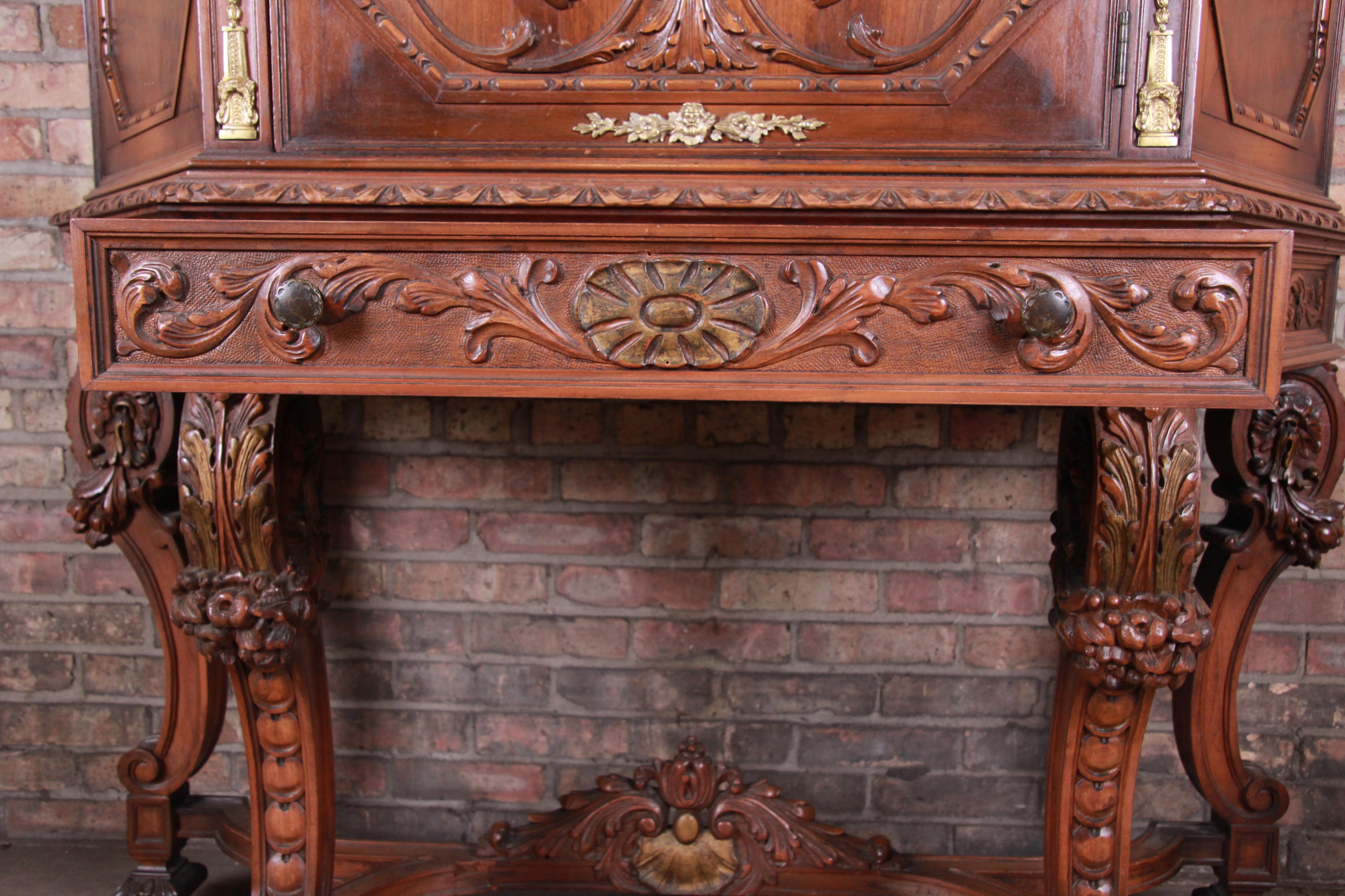 Ornate Carved Burled Walnut and Ormolu Mounted Bar Cabinet, circa 1920s 9