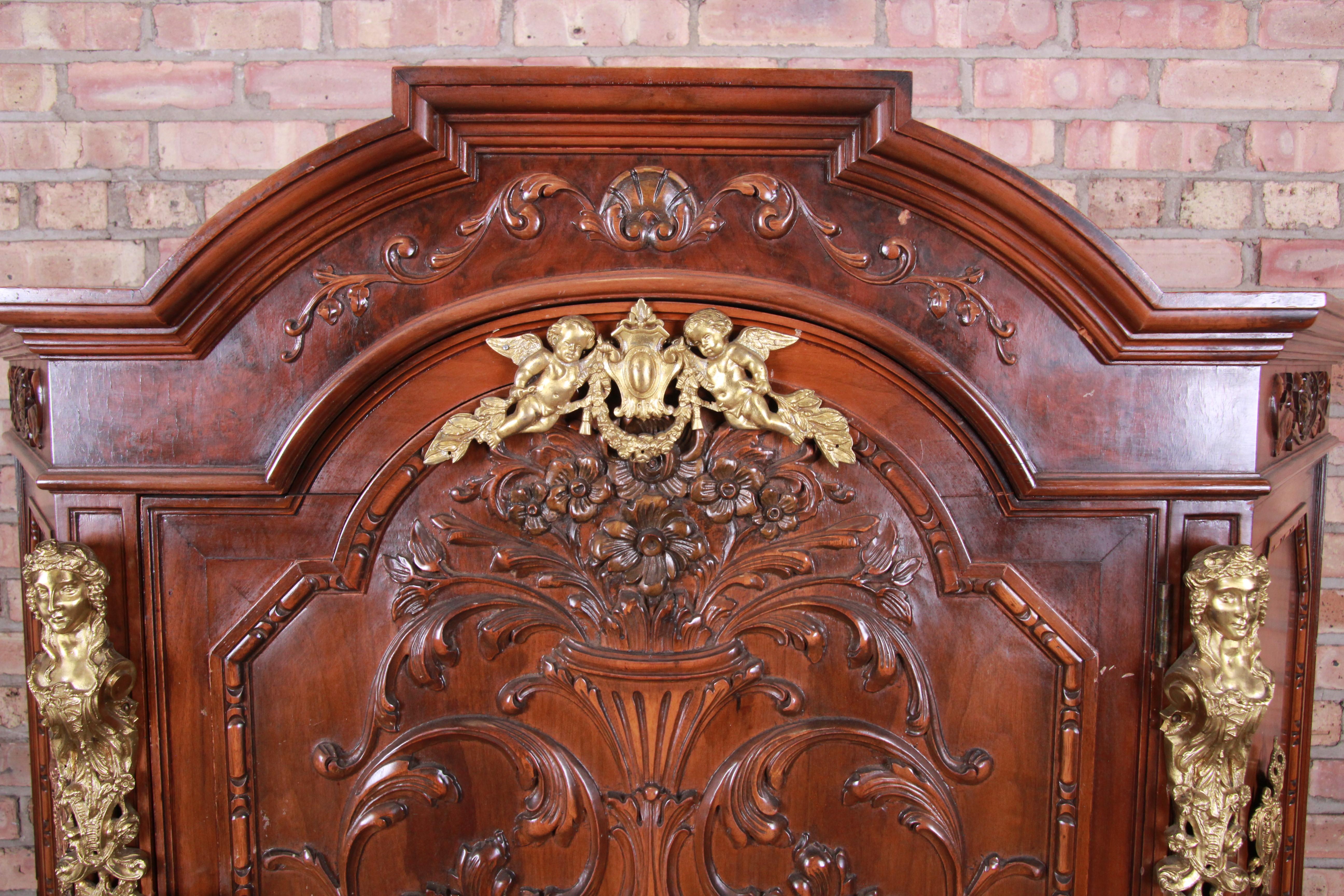 Ornate Carved Burled Walnut and Ormolu Mounted Bar Cabinet, circa 1920s 1