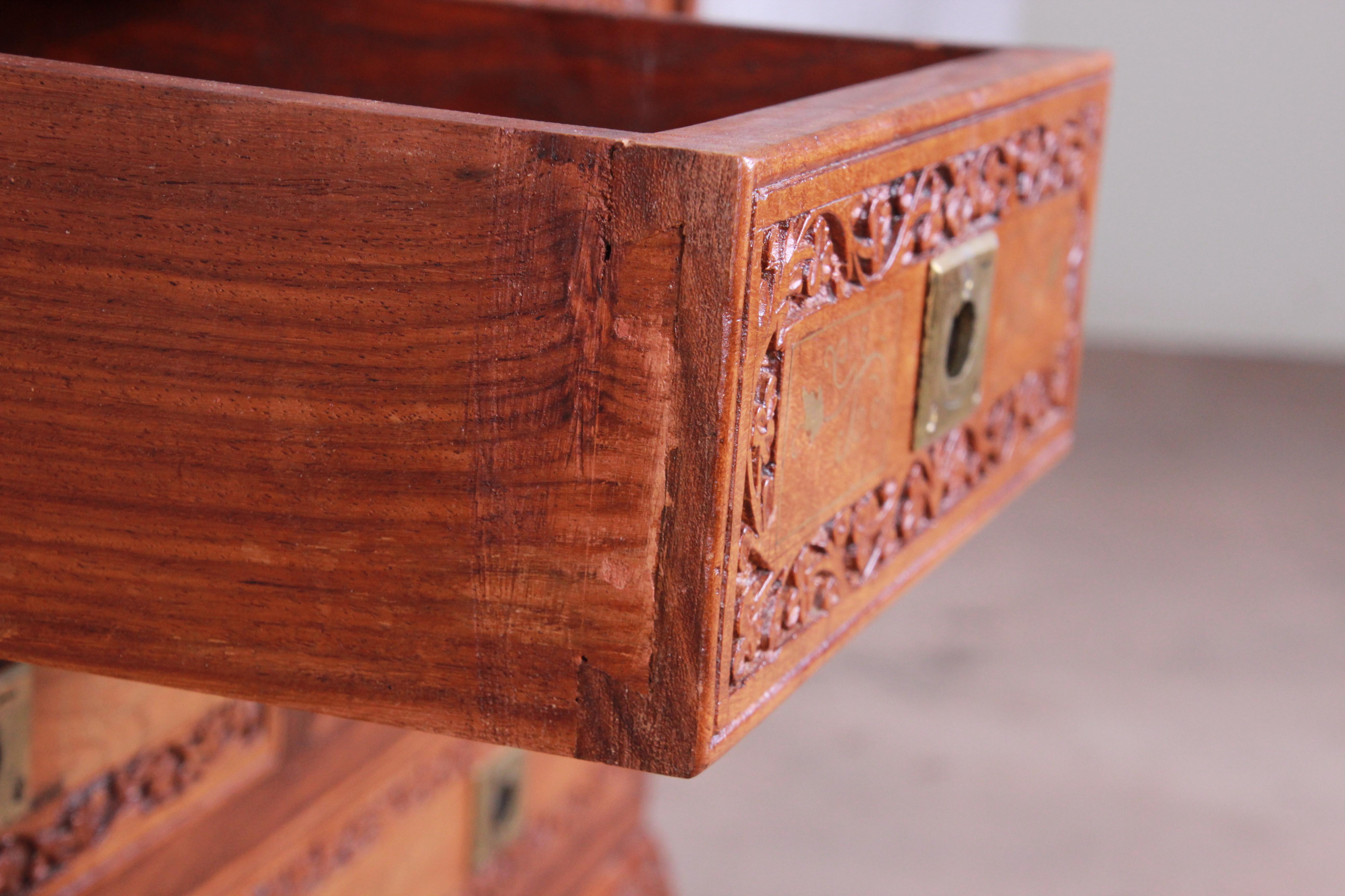 Ornate Carved Elm Wood and Brass Inlay Chinoiserie Drop Front Secretary Desk 10