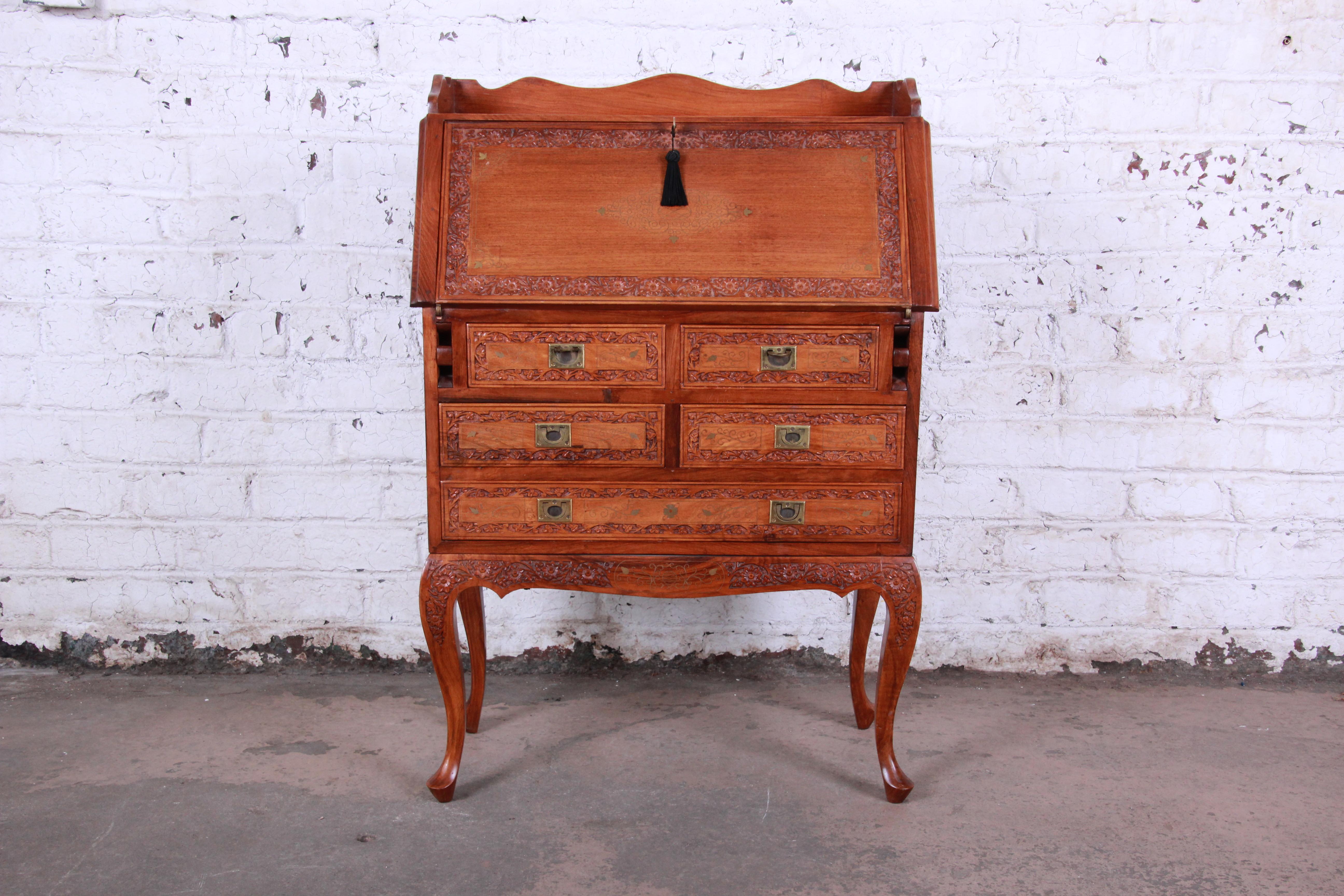 Ornate Carved Elm Wood and Brass Inlay Chinoiserie Drop Front Secretary Desk In Good Condition In South Bend, IN