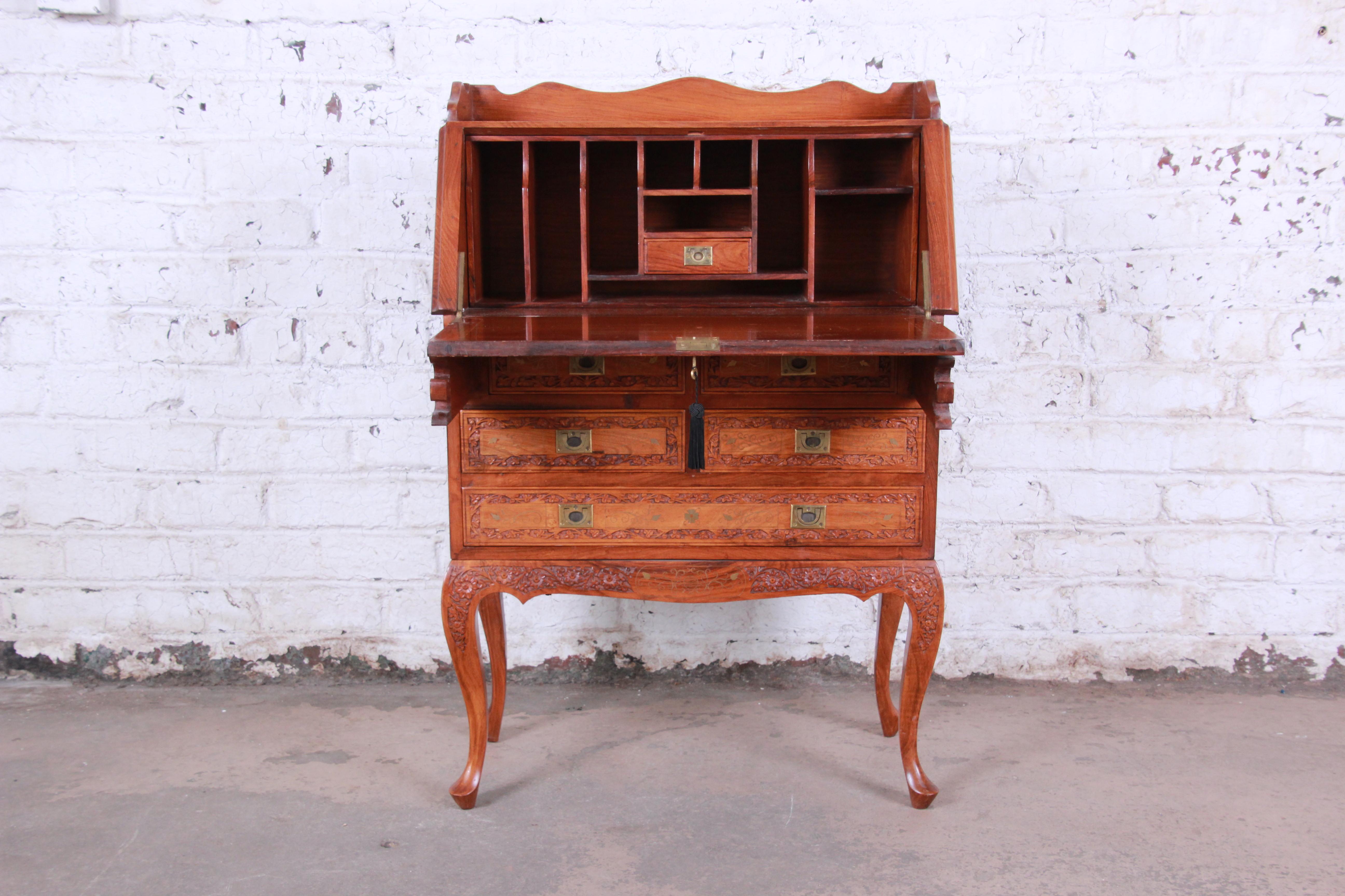 20th Century Ornate Carved Elm Wood and Brass Inlay Chinoiserie Drop Front Secretary Desk