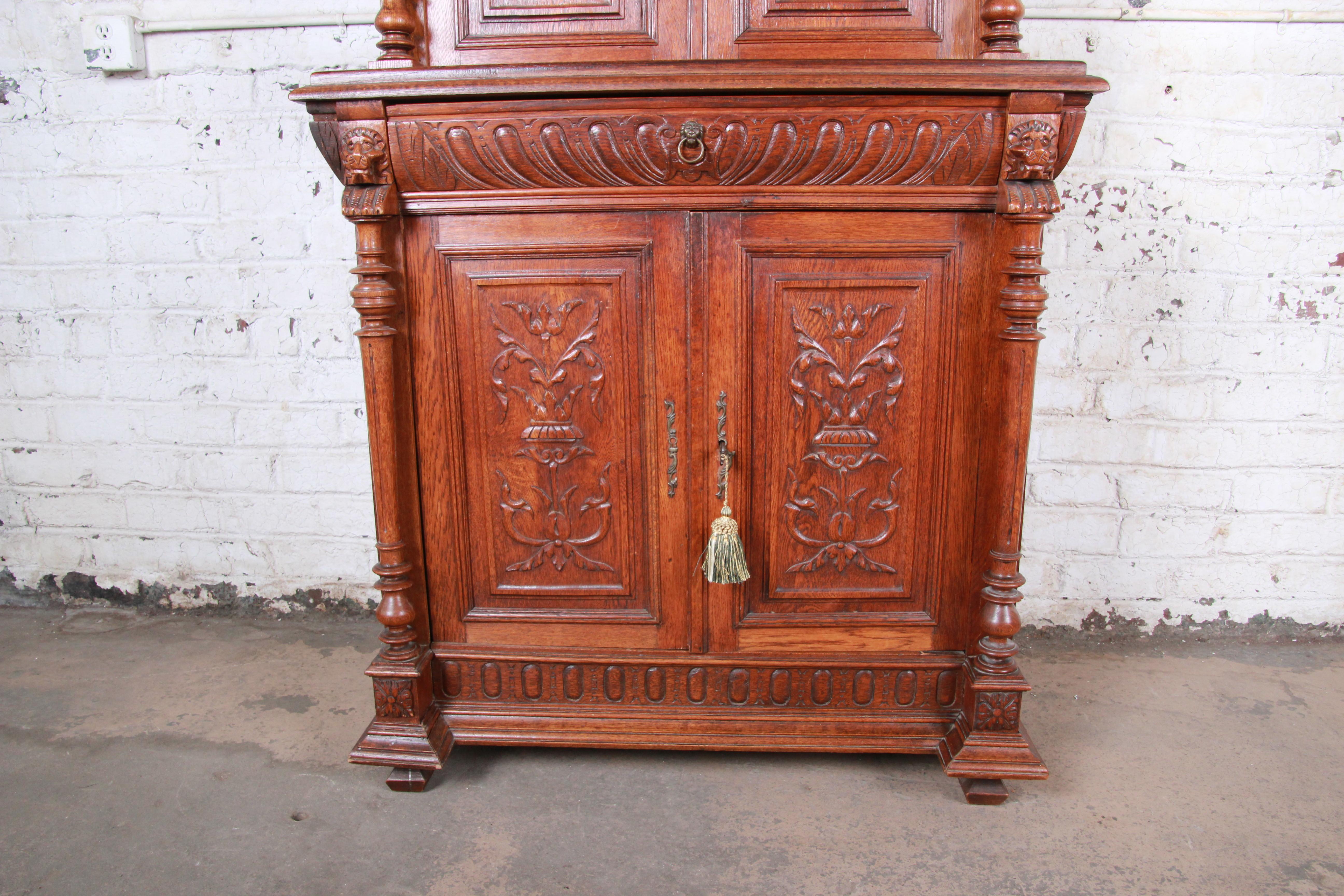 Ornate Carved Oak French Sideboard Bar Cabinet with Lion Figures, circa 1900 5