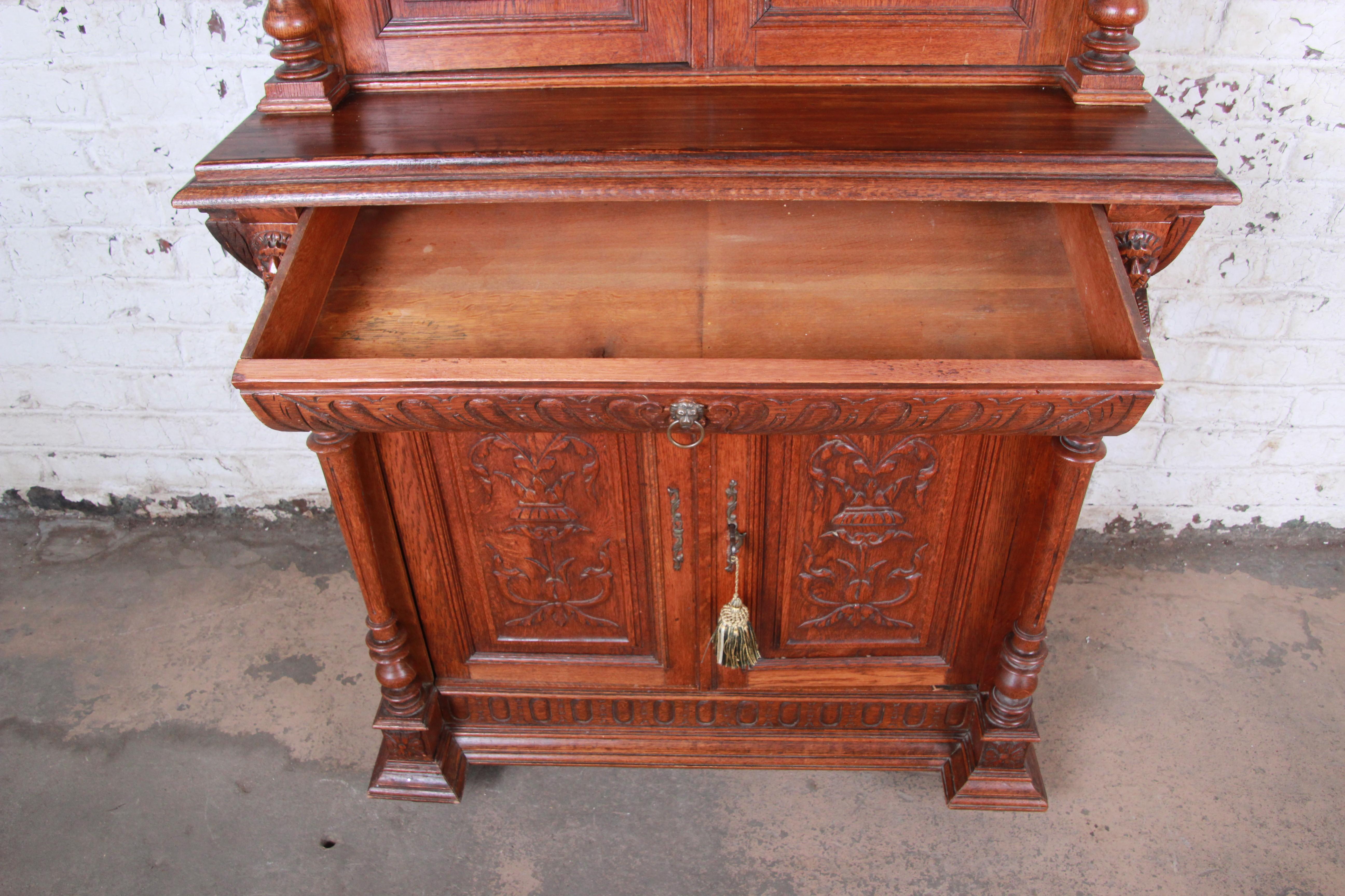 Ornate Carved Oak French Sideboard Bar Cabinet with Lion Figures, circa 1900 3