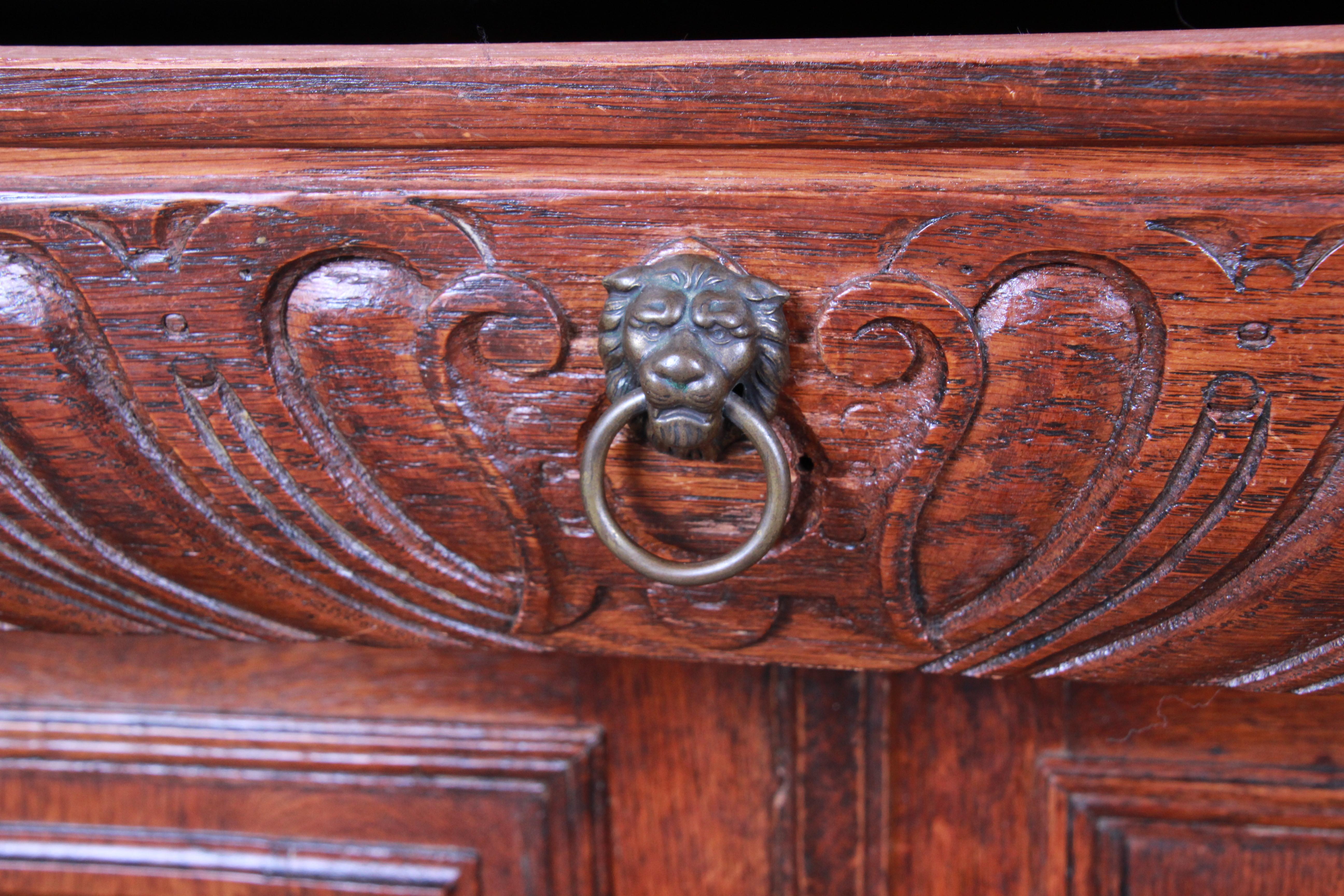 Ornate Carved Oak French Sideboard Bar Cabinet with Lion Figures, circa 1900 4