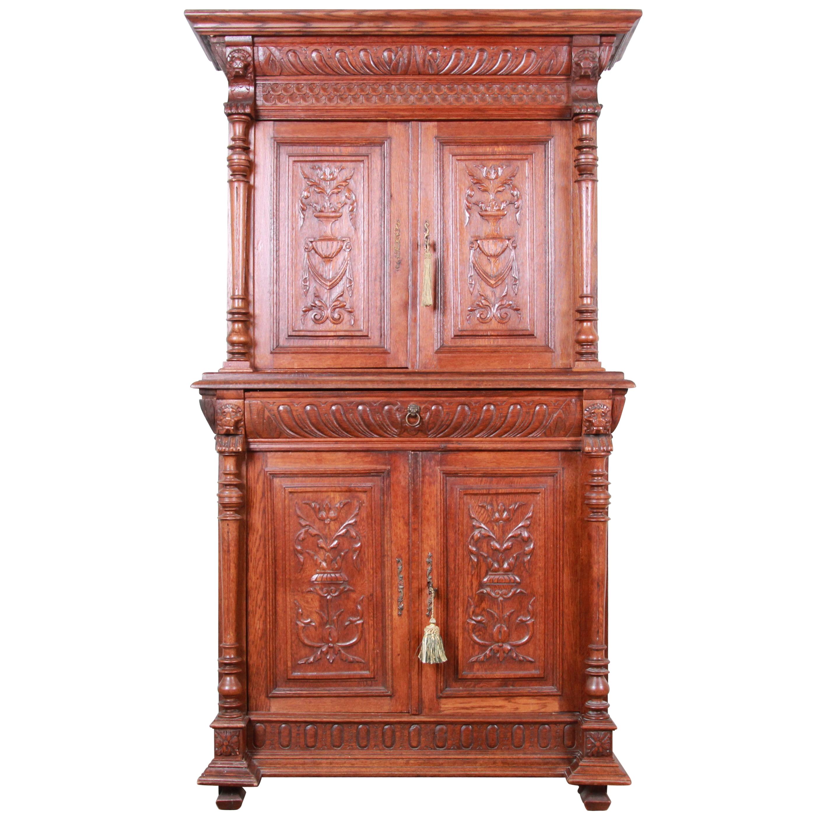 Ornate Carved Oak French Sideboard Bar Cabinet with Lion Figures, circa 1900