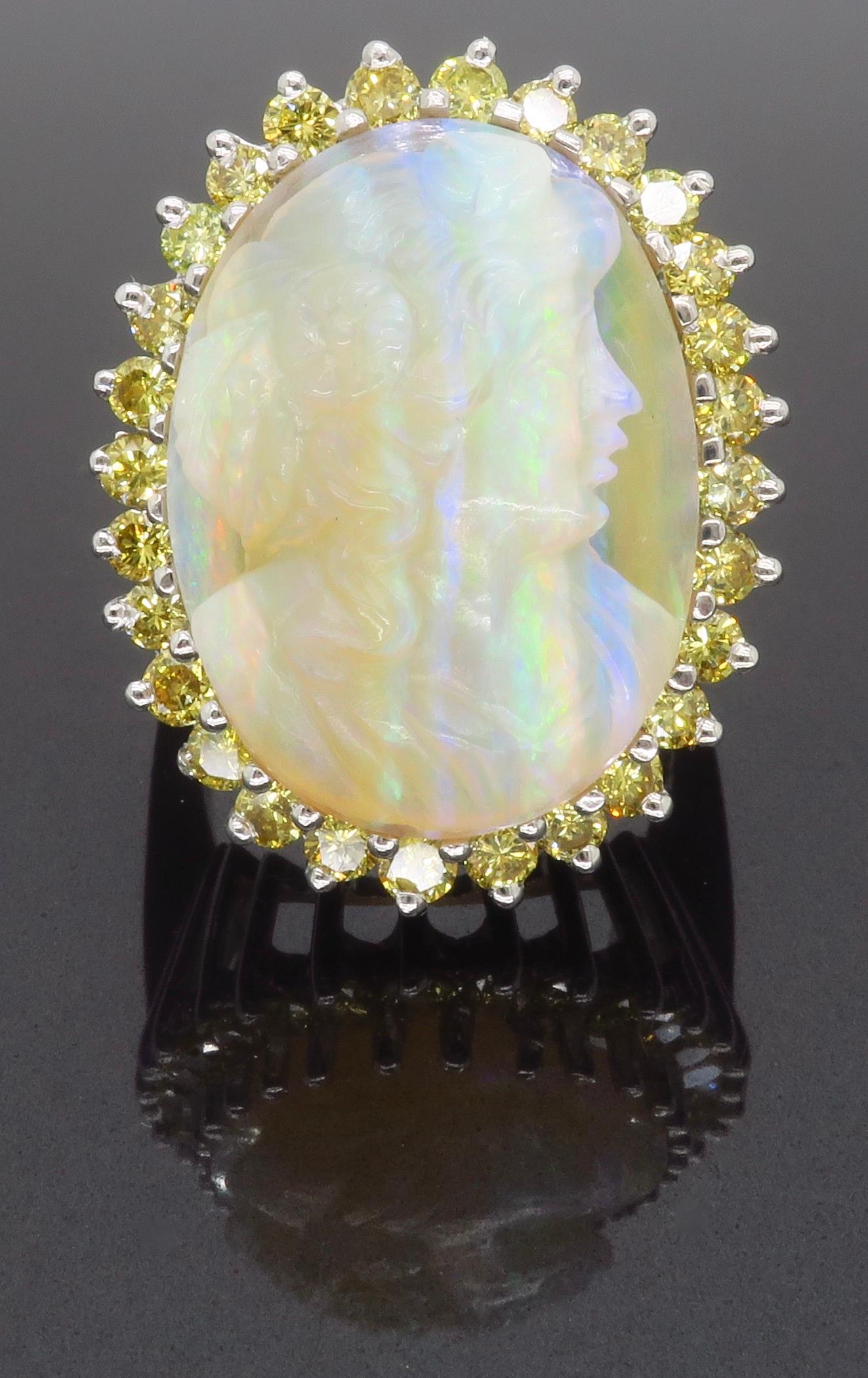 Ornate Carved Opal & Diamond Ring  For Sale 5