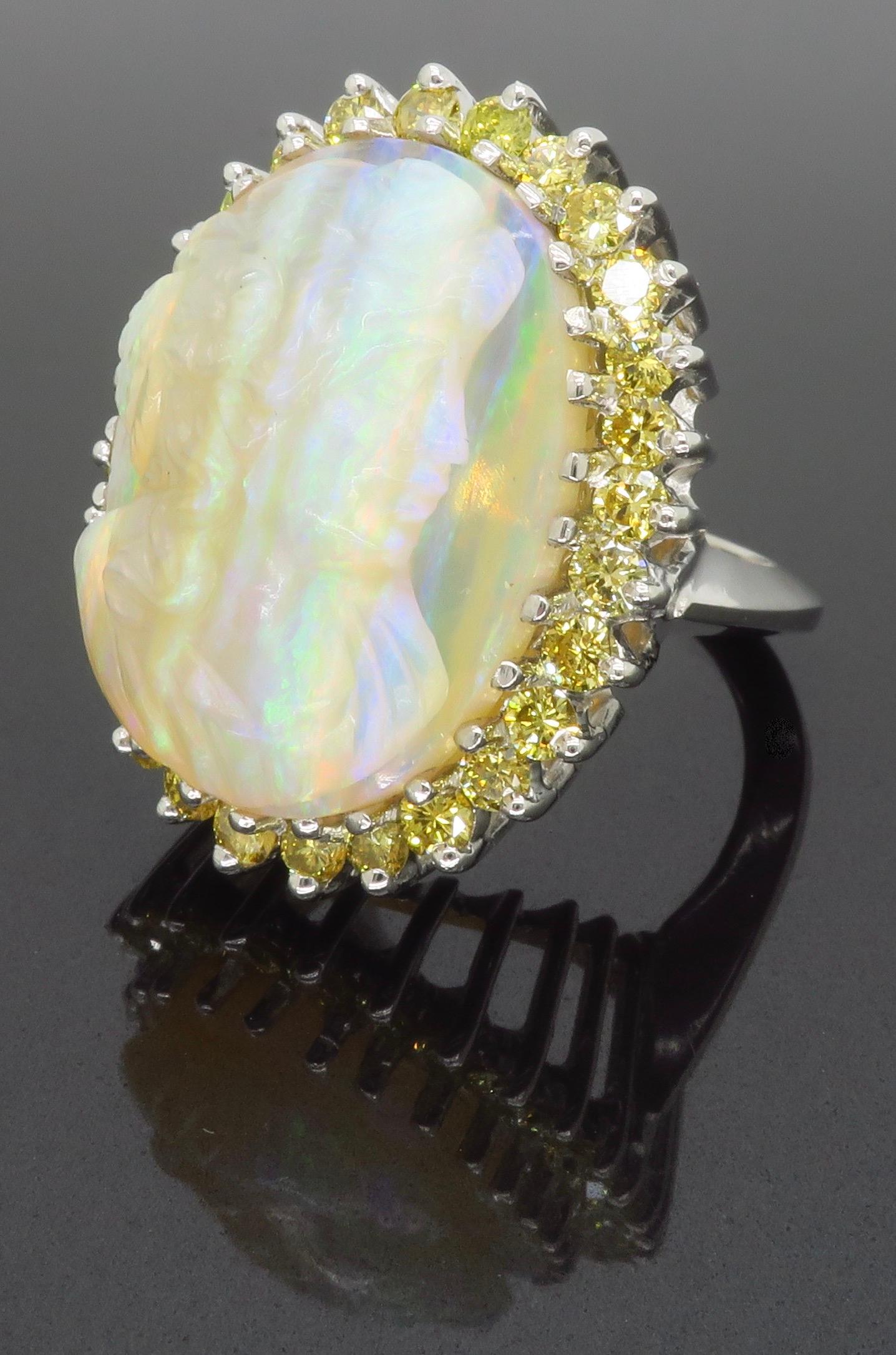 Ornate Carved Opal & Diamond Ring  For Sale 6