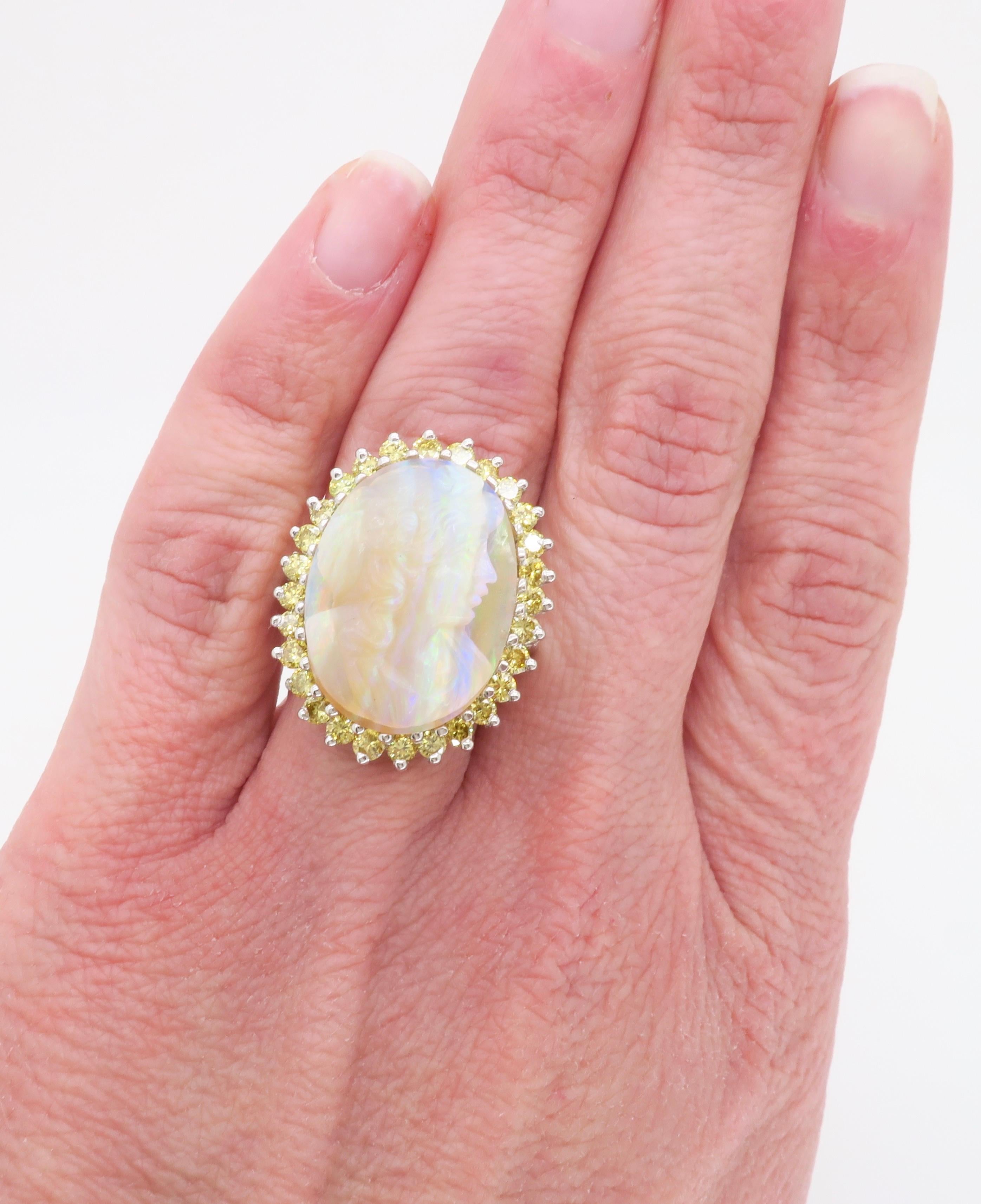 Ornate Carved Opal & Diamond Ring  In Excellent Condition For Sale In Webster, NY