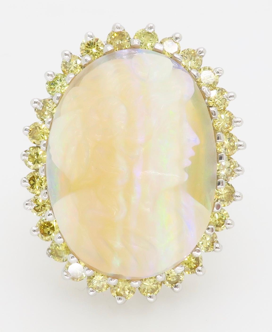 Ornate Carved Opal & Diamond Ring  For Sale 1