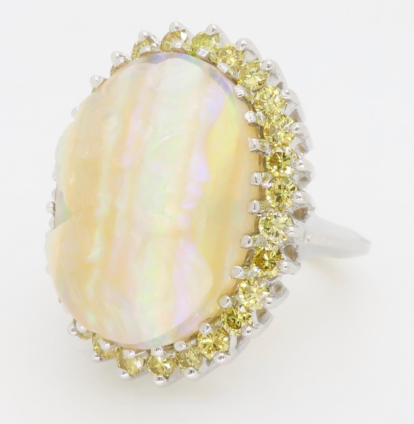 Ornate Carved Opal & Diamond Ring  For Sale 2
