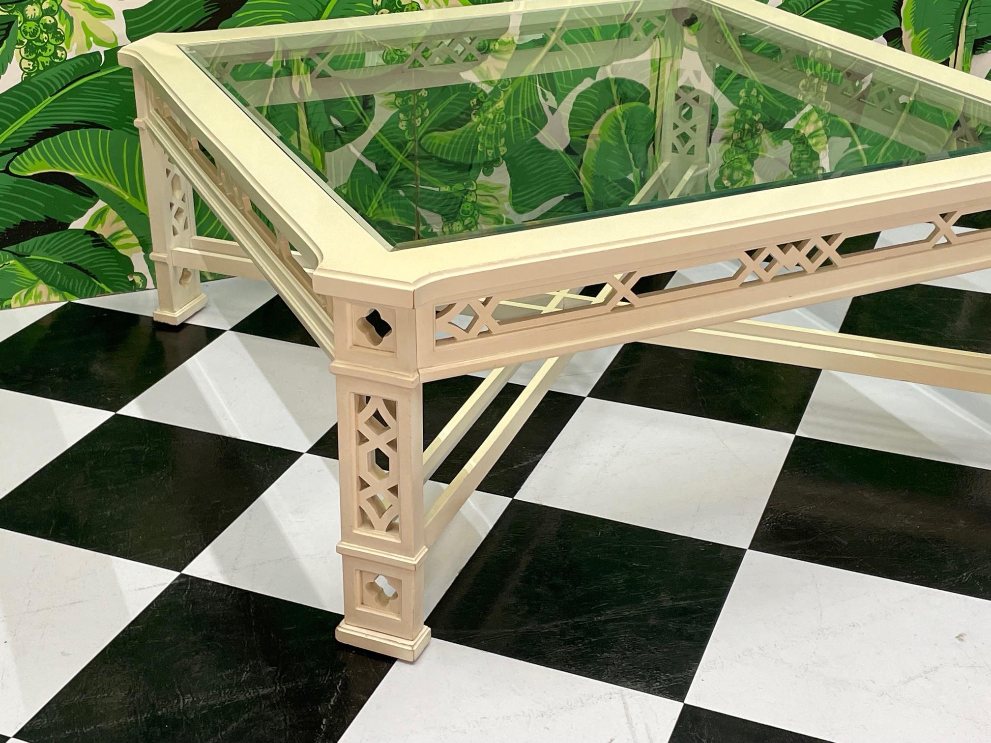 Hollywood Regency Ornate Carved Wood Fretwork Coffee Table by Thomasville For Sale