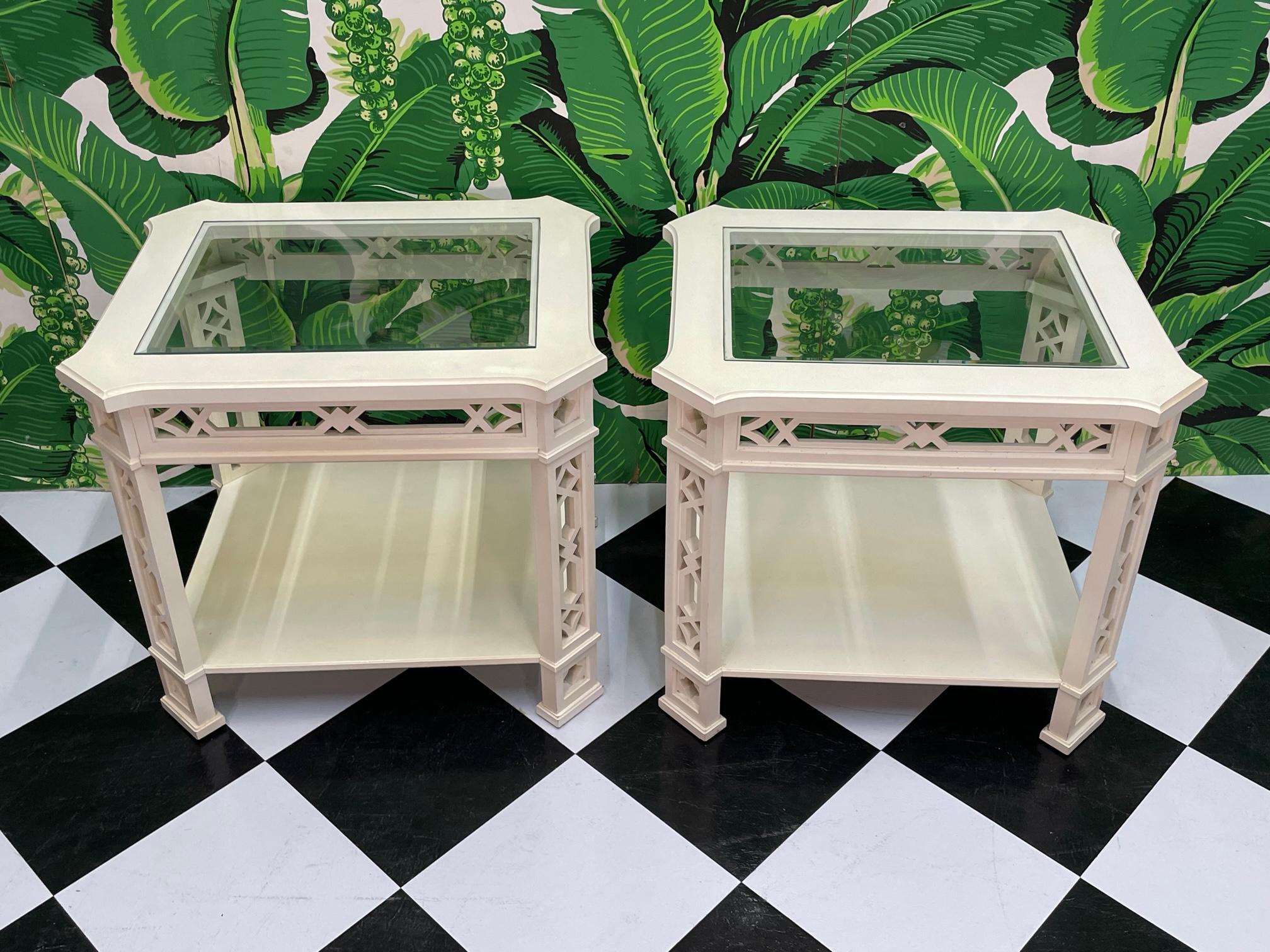Hollywood Regency Ornate Carved Wood Fretwork End Tables by Thomasville For Sale