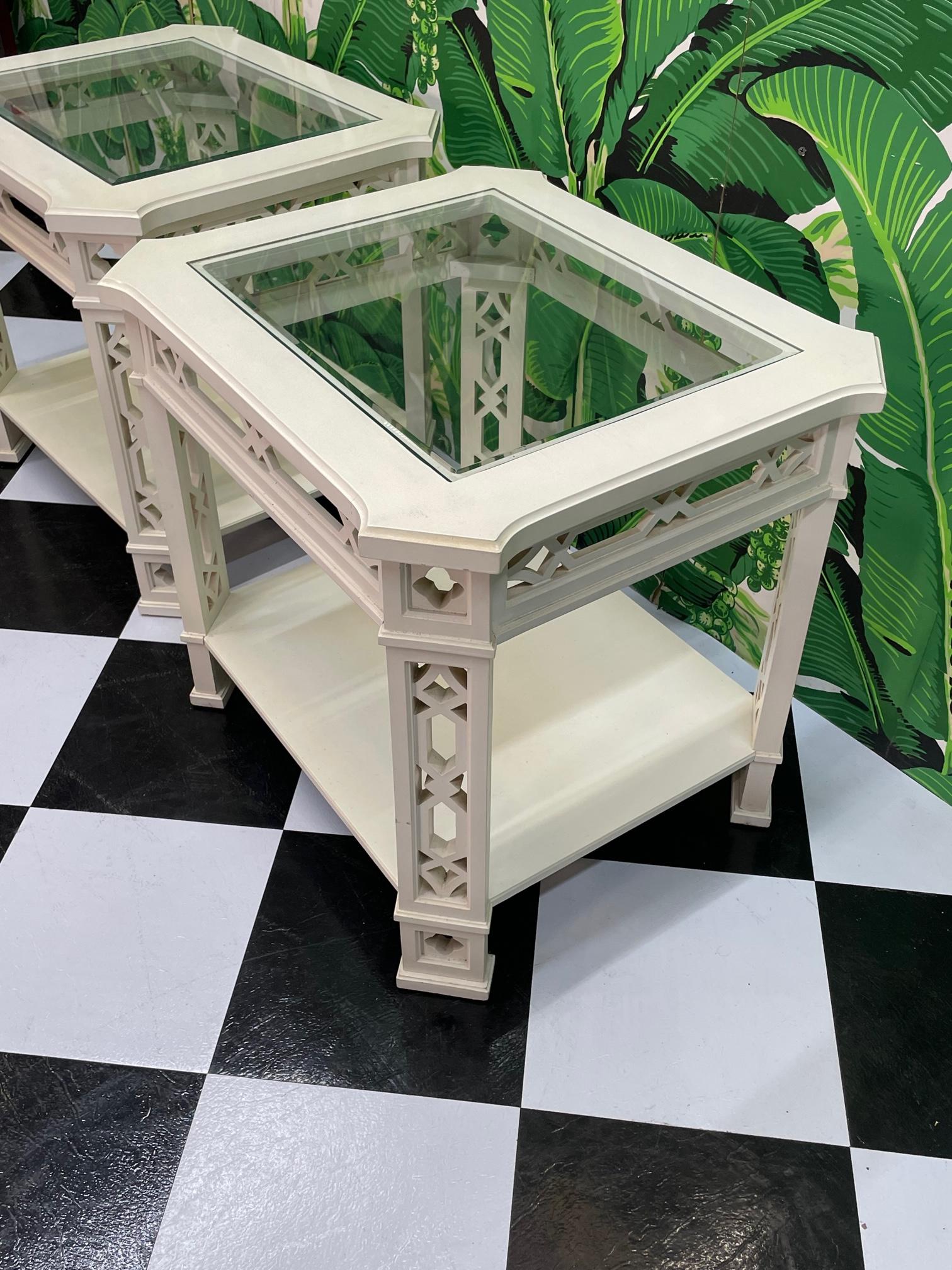 American Ornate Carved Wood Fretwork End Tables by Thomasville For Sale