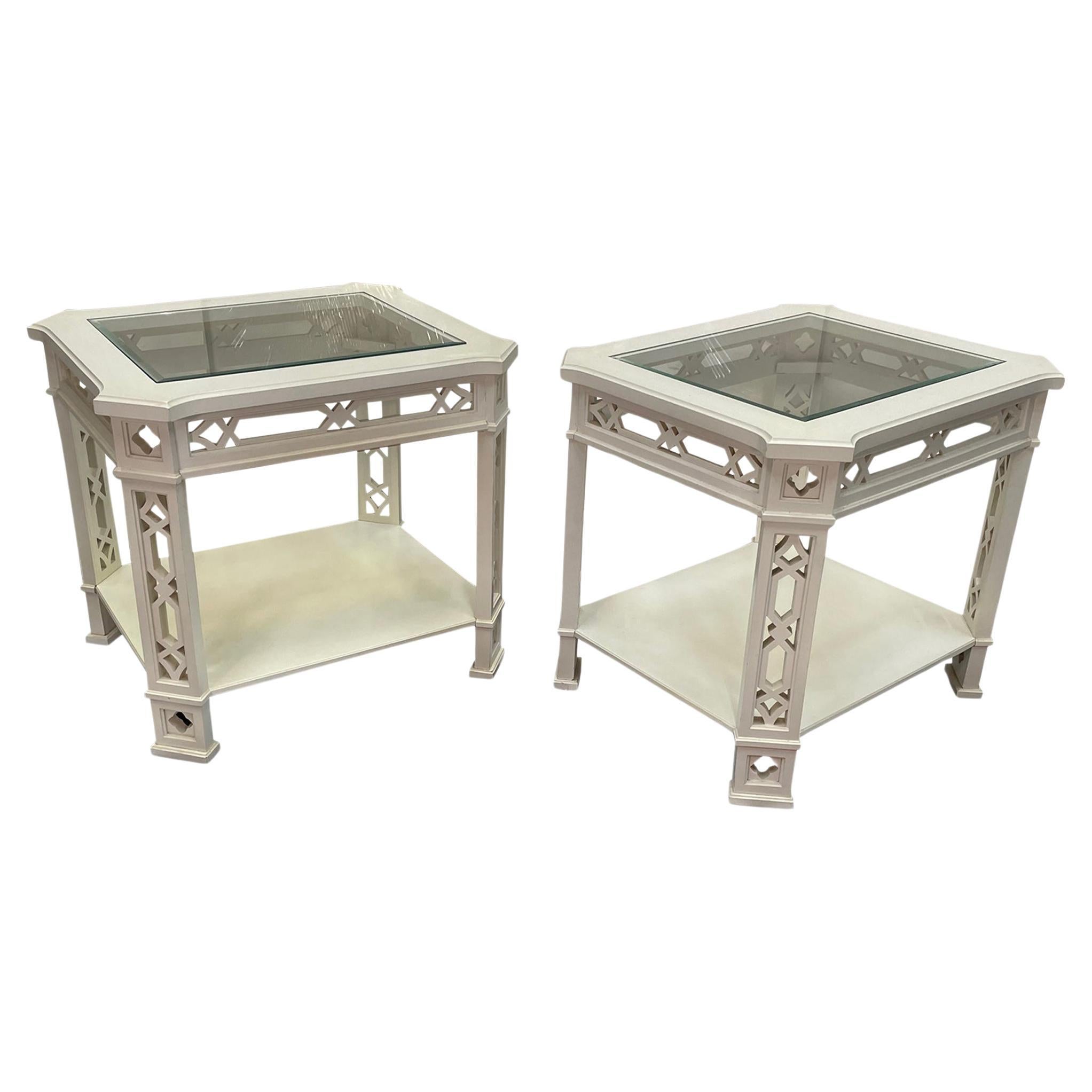 Ornate Carved Wood Fretwork End Tables by Thomasville For Sale