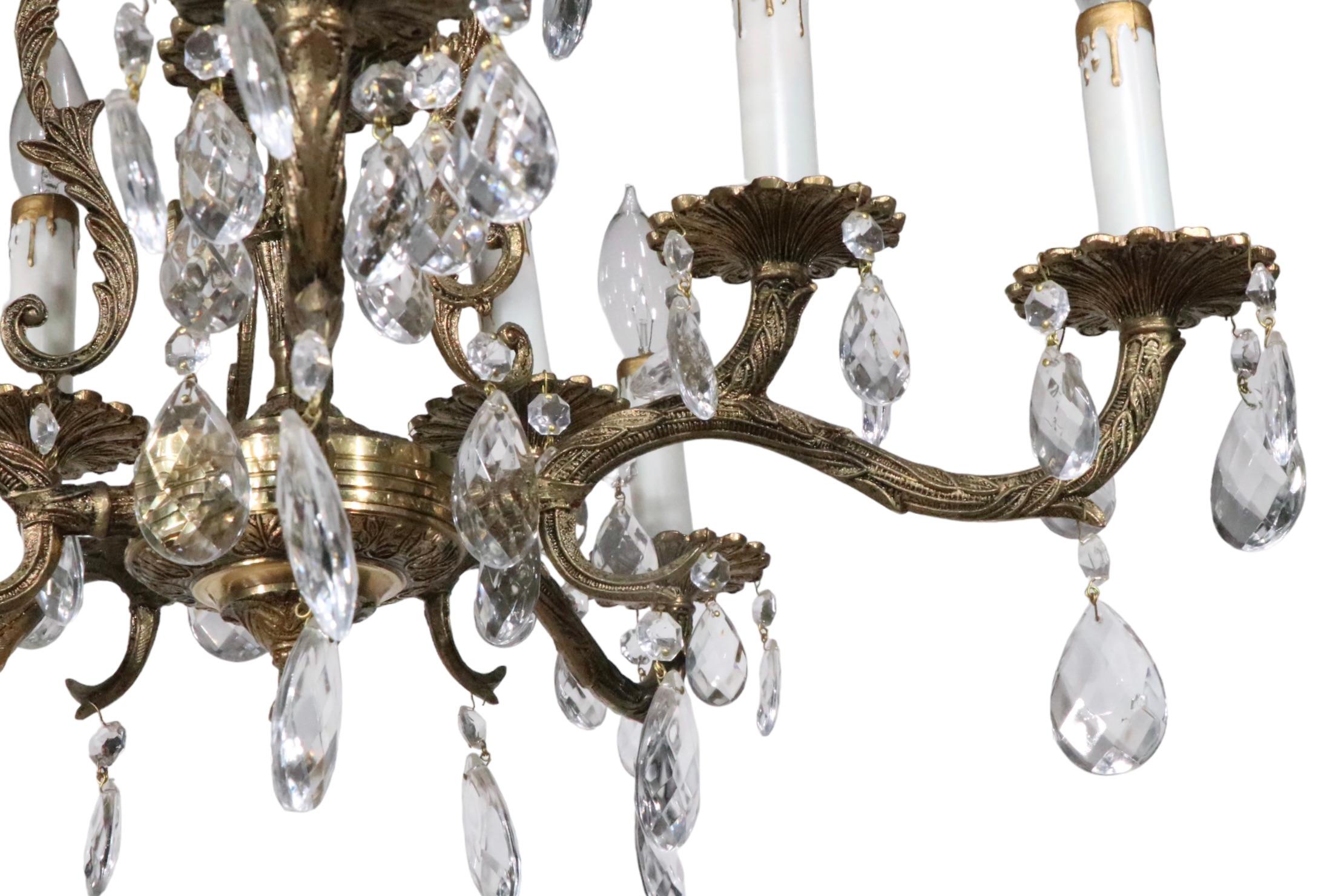 Ornate Cast Brass and Crystal  10 Light Chandelier Made in Spain c 1950's For Sale 2