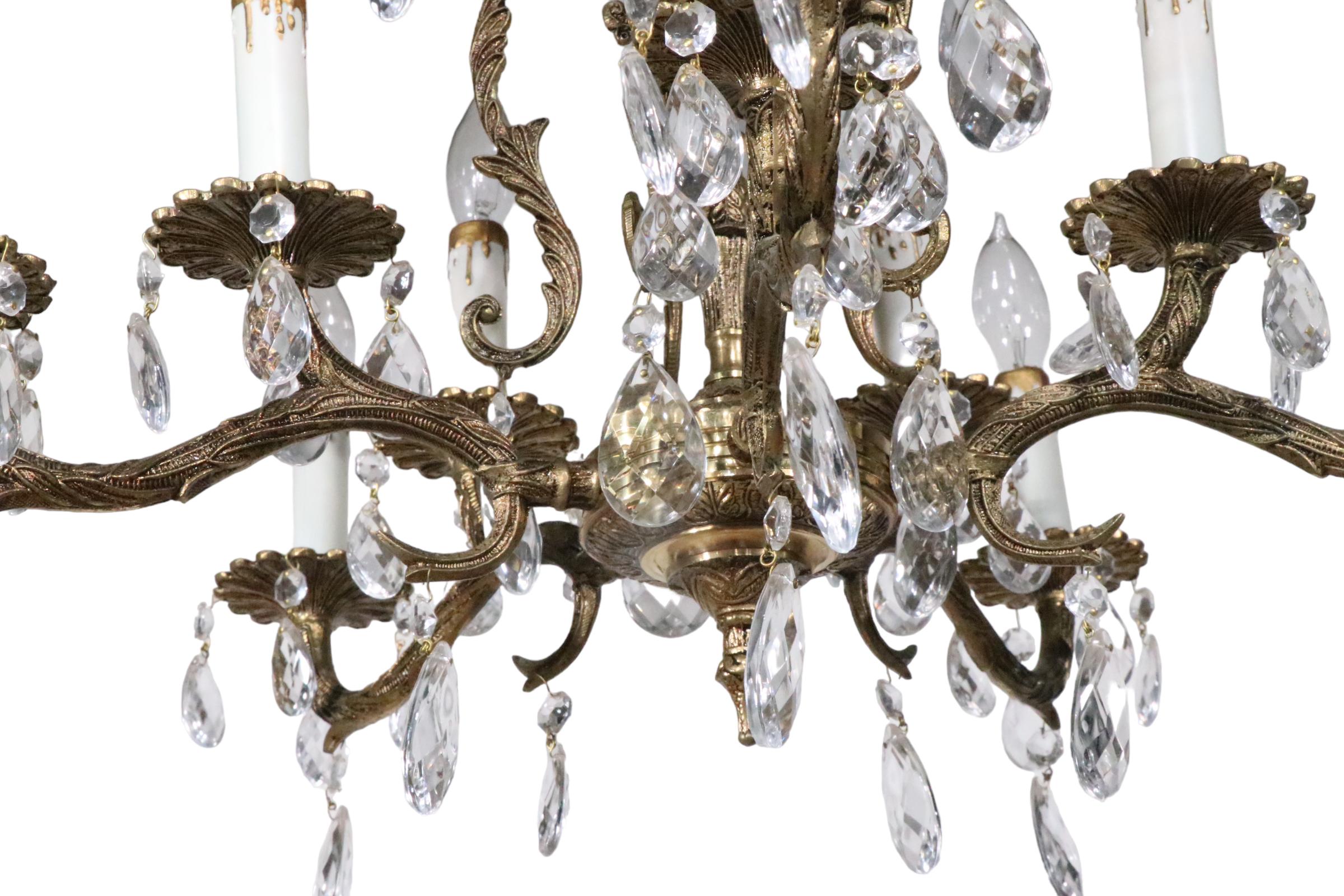 Ornate Cast Brass and Crystal  10 Light Chandelier Made in Spain c 1950's For Sale 3