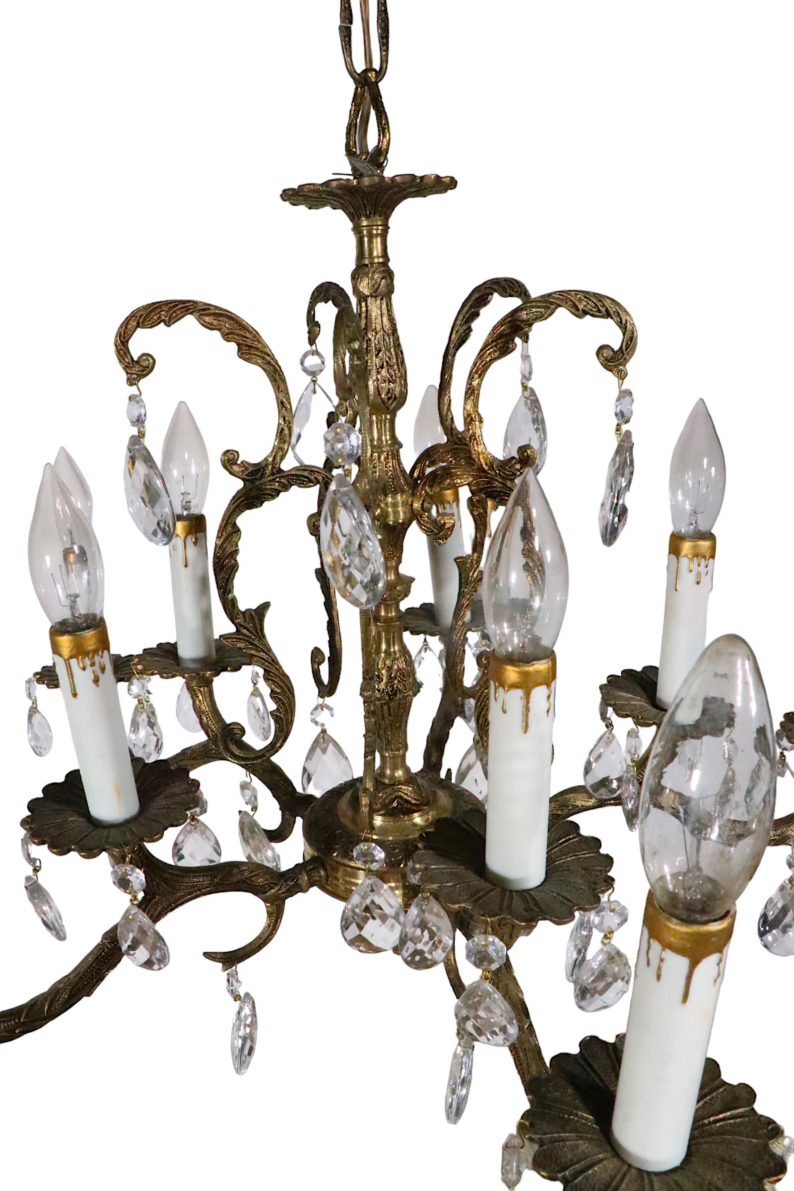 Ornate Cast Brass and Crystal  10 Light Chandelier Made in Spain c 1950's For Sale 4