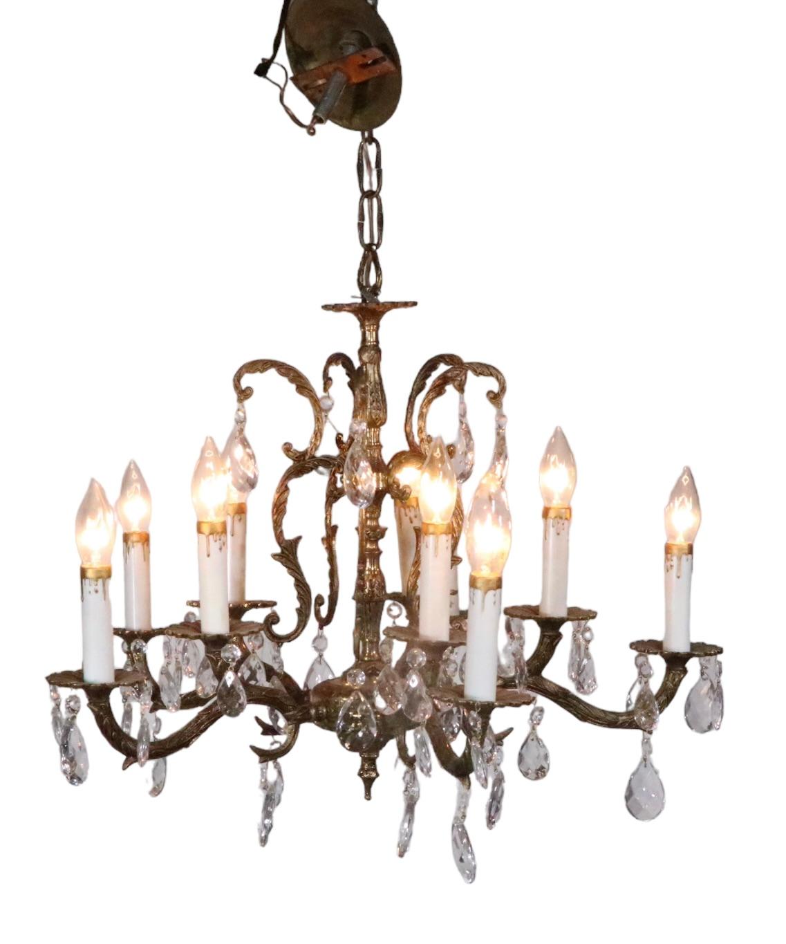 Ornate Cast Brass and Crystal  10 Light Chandelier Made in Spain c 1950's For Sale 5