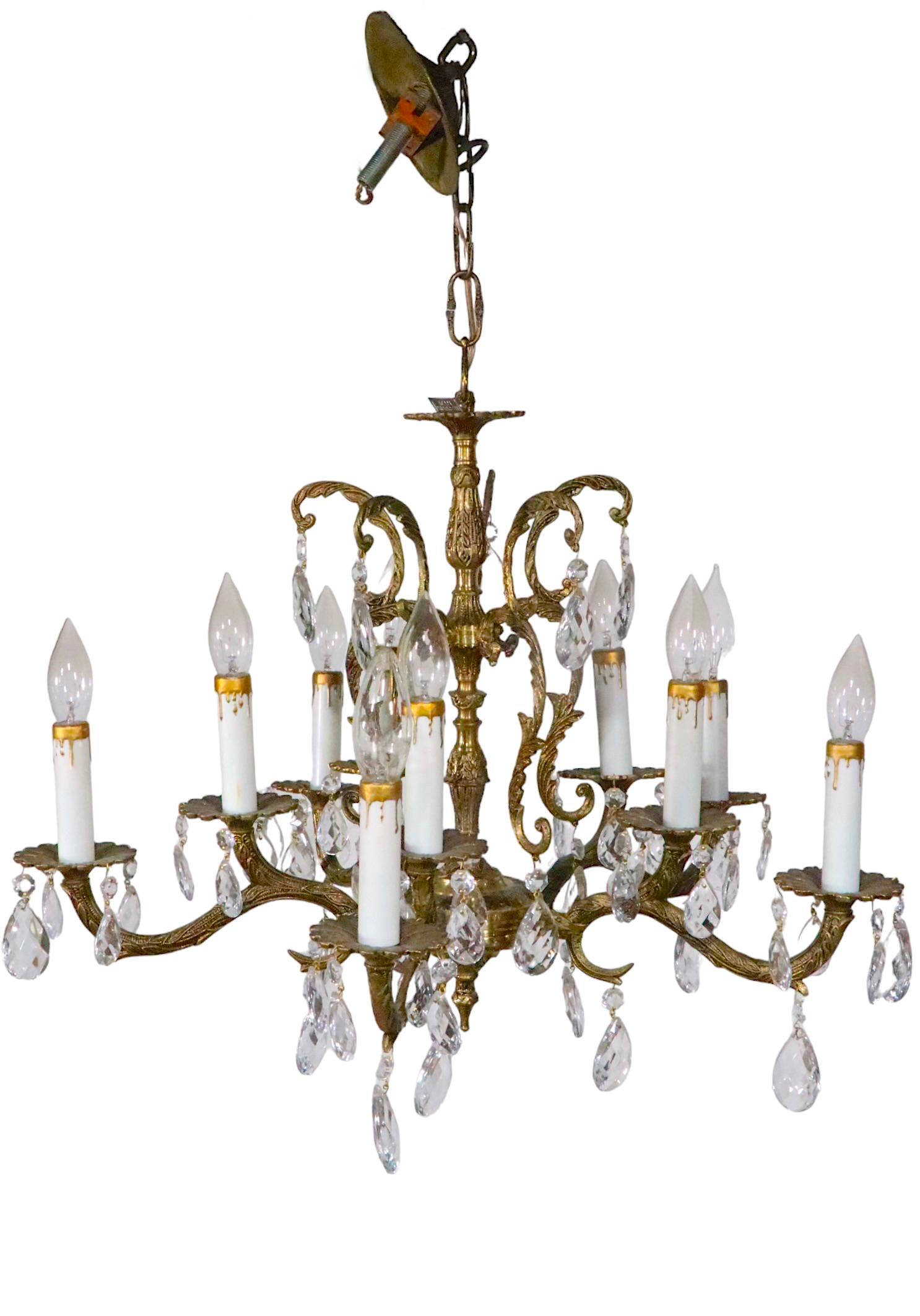 Spanish Ornate Cast Brass and Crystal  10 Light Chandelier Made in Spain c 1950's For Sale