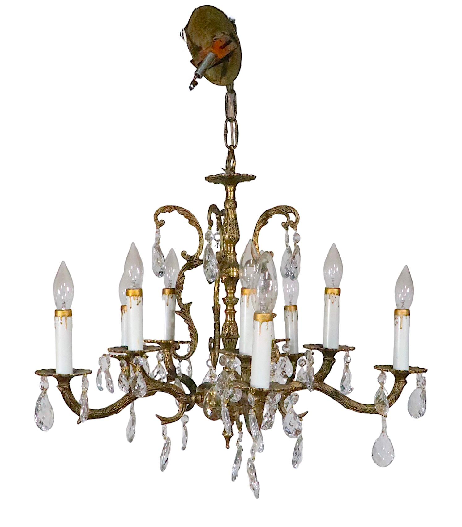 Ornate Cast Brass and Crystal  10 Light Chandelier Made in Spain c 1950's In Good Condition For Sale In New York, NY