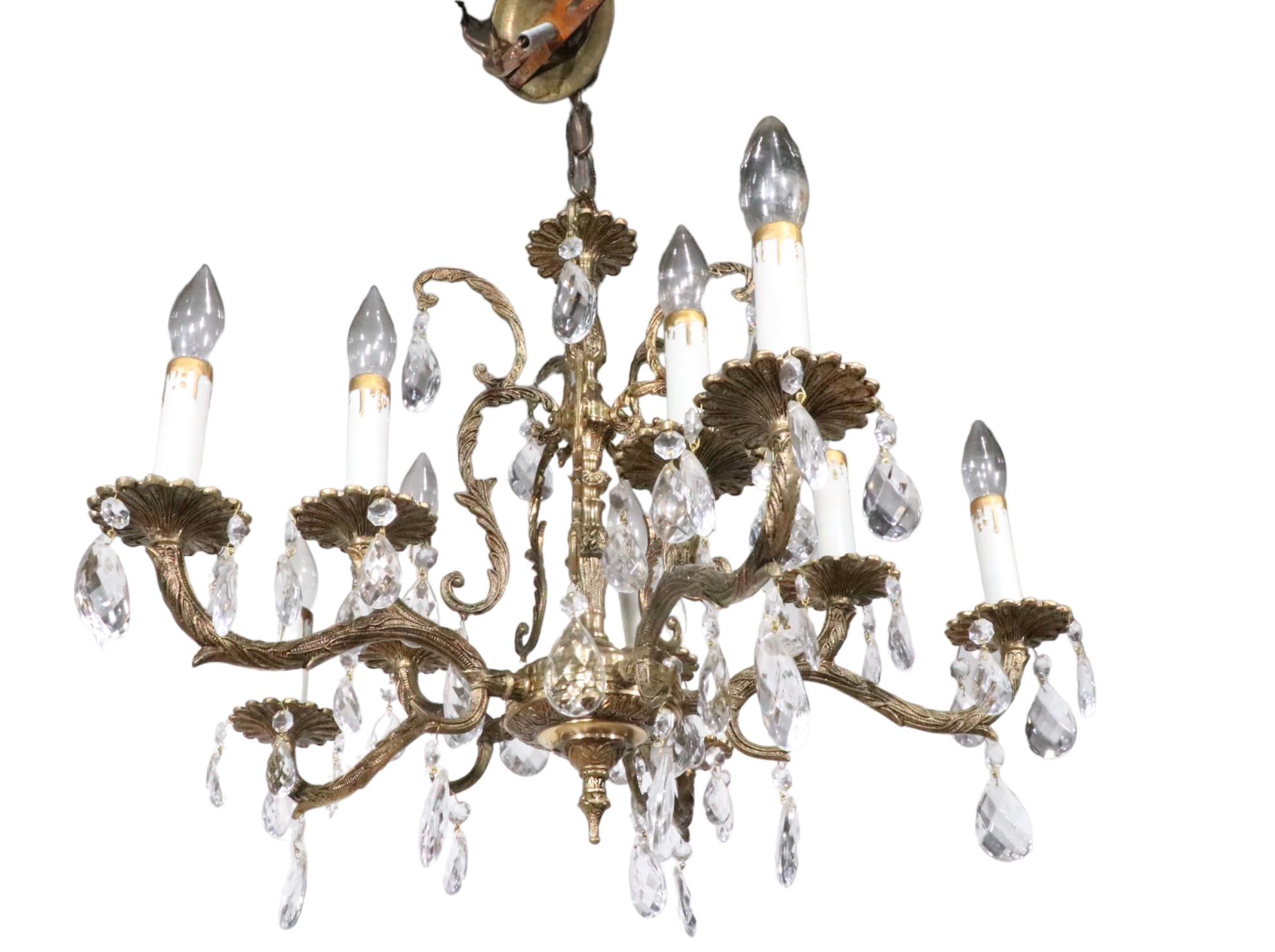 20th Century Ornate Cast Brass and Crystal  10 Light Chandelier Made in Spain c 1950's For Sale