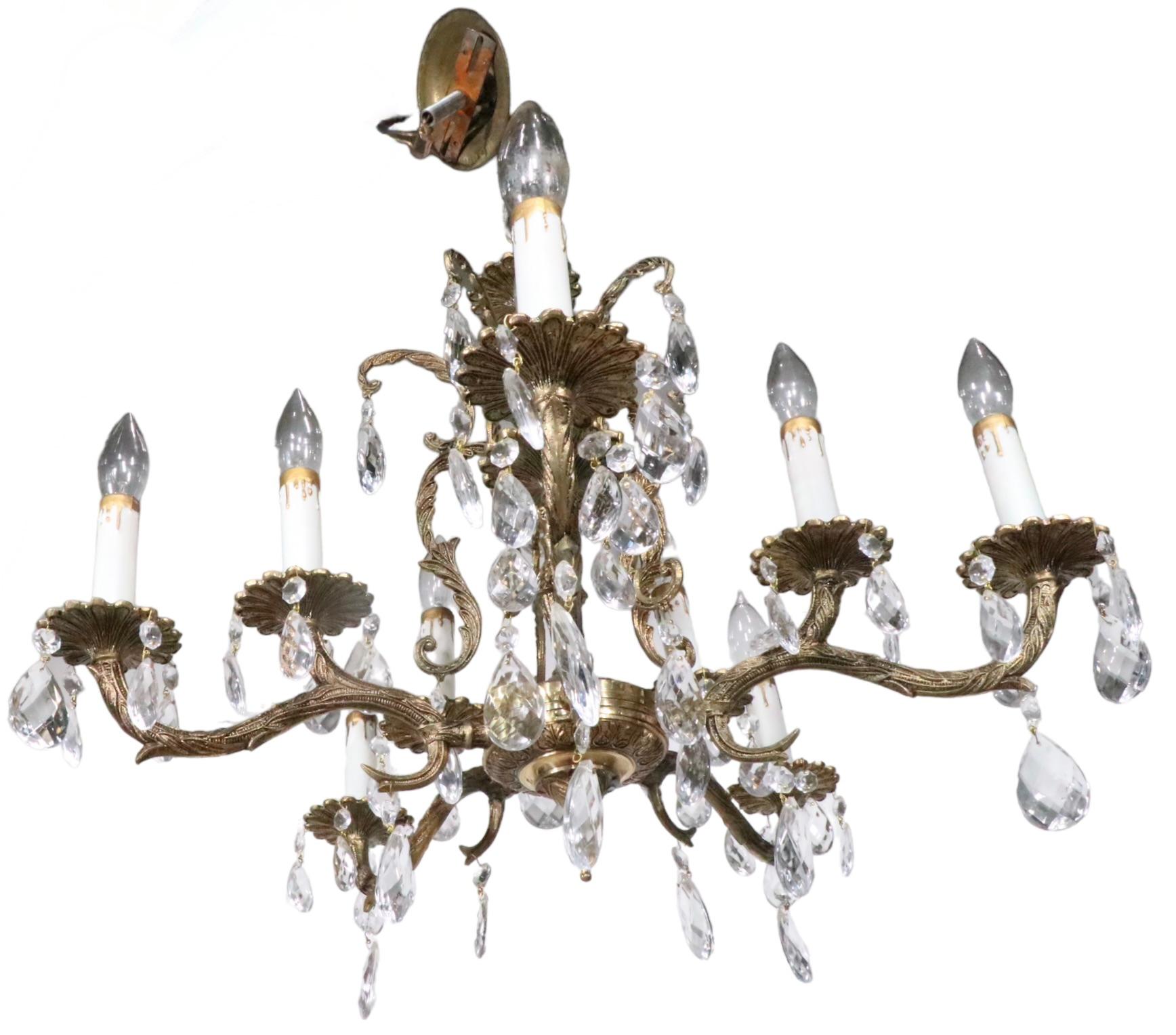 Ornate Cast Brass and Crystal  10 Light Chandelier Made in Spain c 1950's For Sale 1