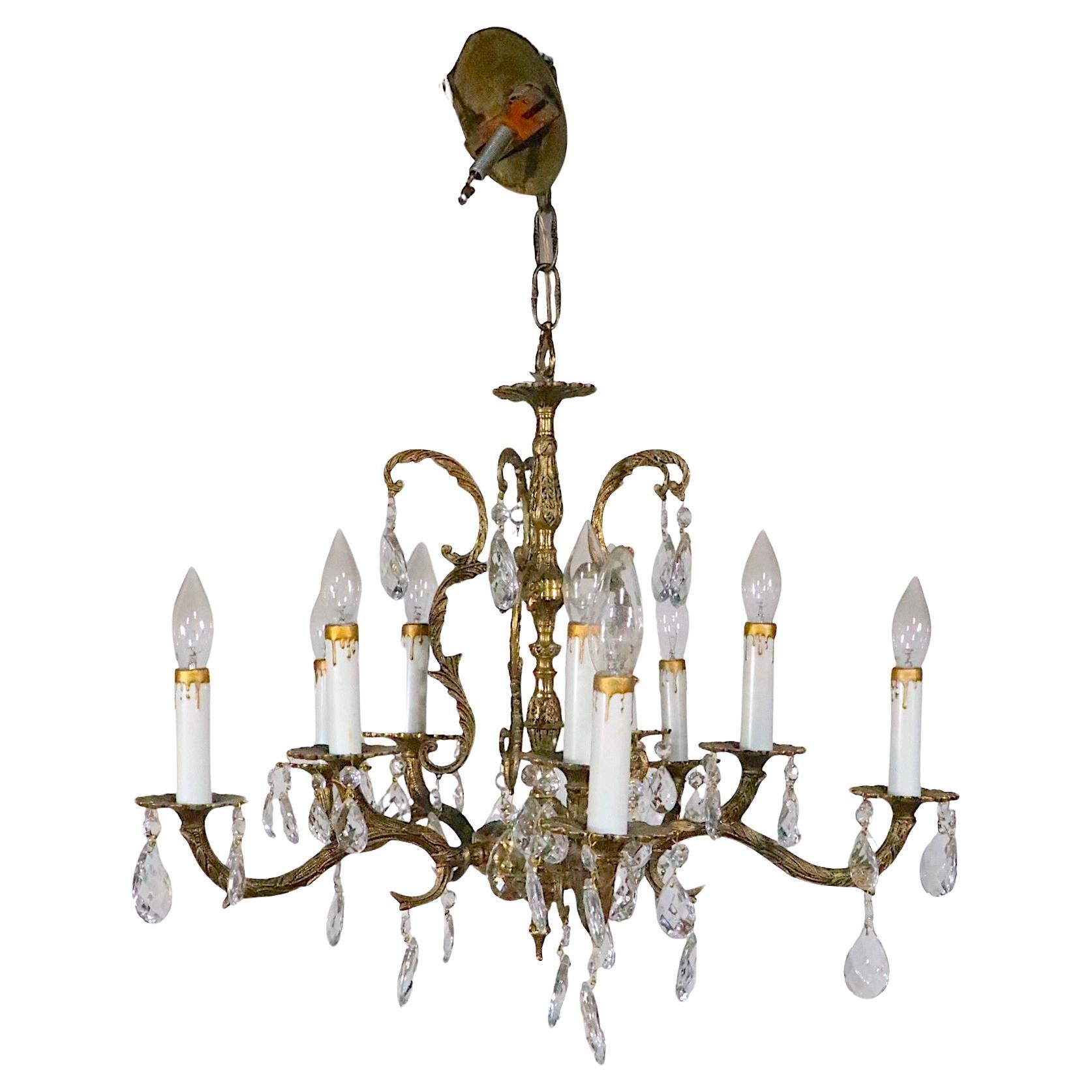 Ornate Cast Brass and Crystal  10 Light Chandelier Made in Spain c 1950's For Sale