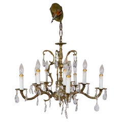 Retro Ornate Cast Brass and Crystal  10 Light Chandelier Made in Spain c 1950's
