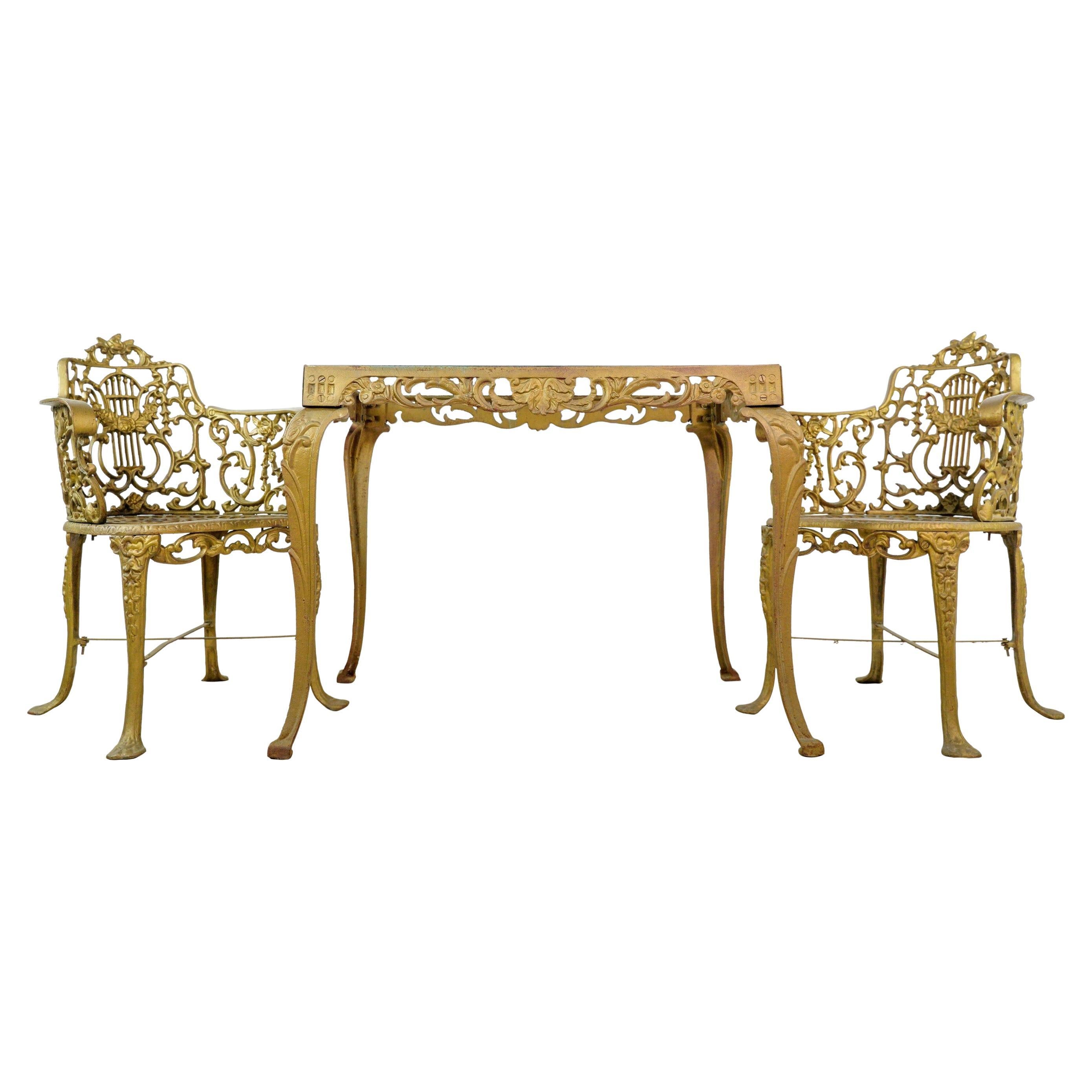 Set of Four Cast Iron Garden Armchairs, Four Seasons Plaques on the