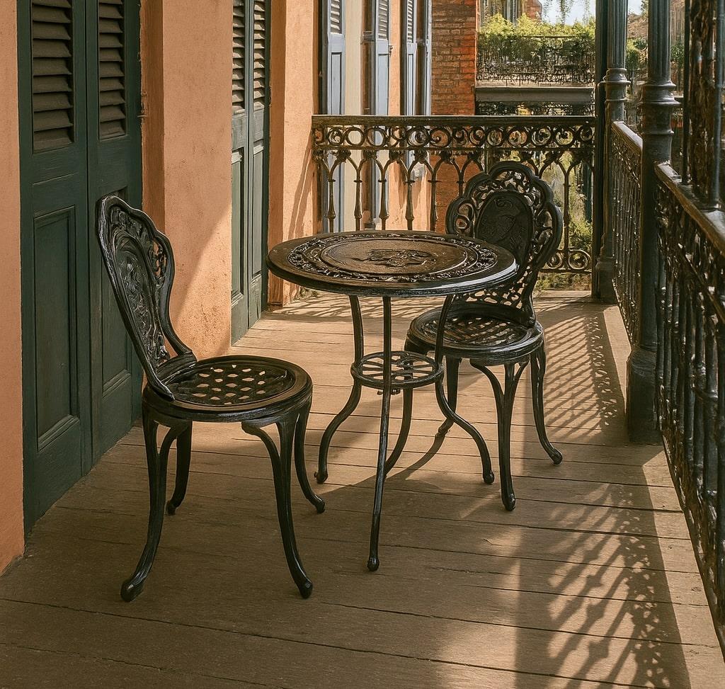 Set da bistrot in ghisa d'epoca con splendidi dettagli. Presenta un intricato rilievo di pettirossi che nidificano e sono appollaiati sopra un gruppo di uova: un motivo toccante che simboleggia pace, collaborazione e rinnovamento.

Realizzato con