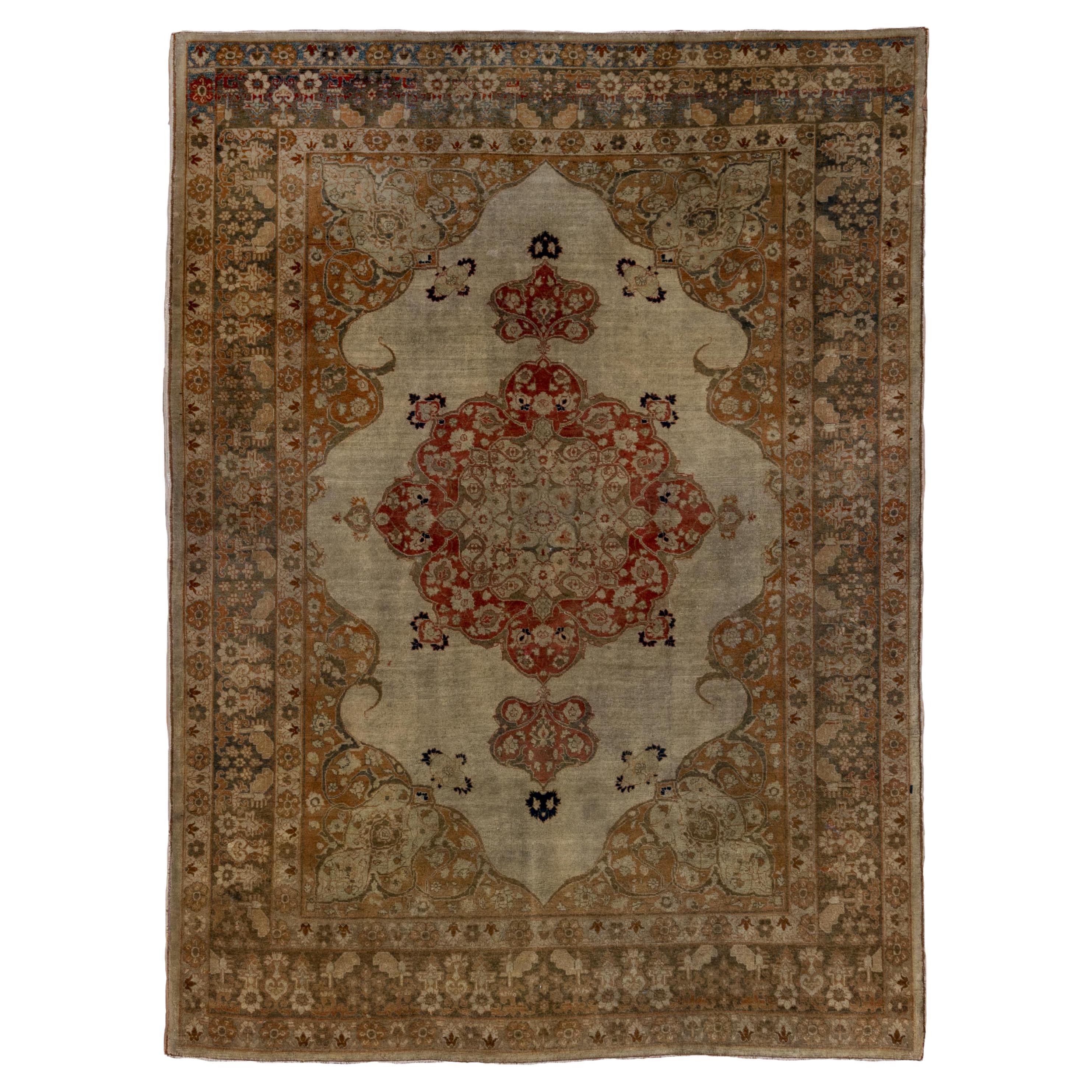 Ornate Central Medallion Tabriz Rug in Rusted Olive with Royal Red Accents For Sale