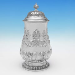 Ornate Chased Victorian Antique Sterling Silver Tankard, Sheffield 1856