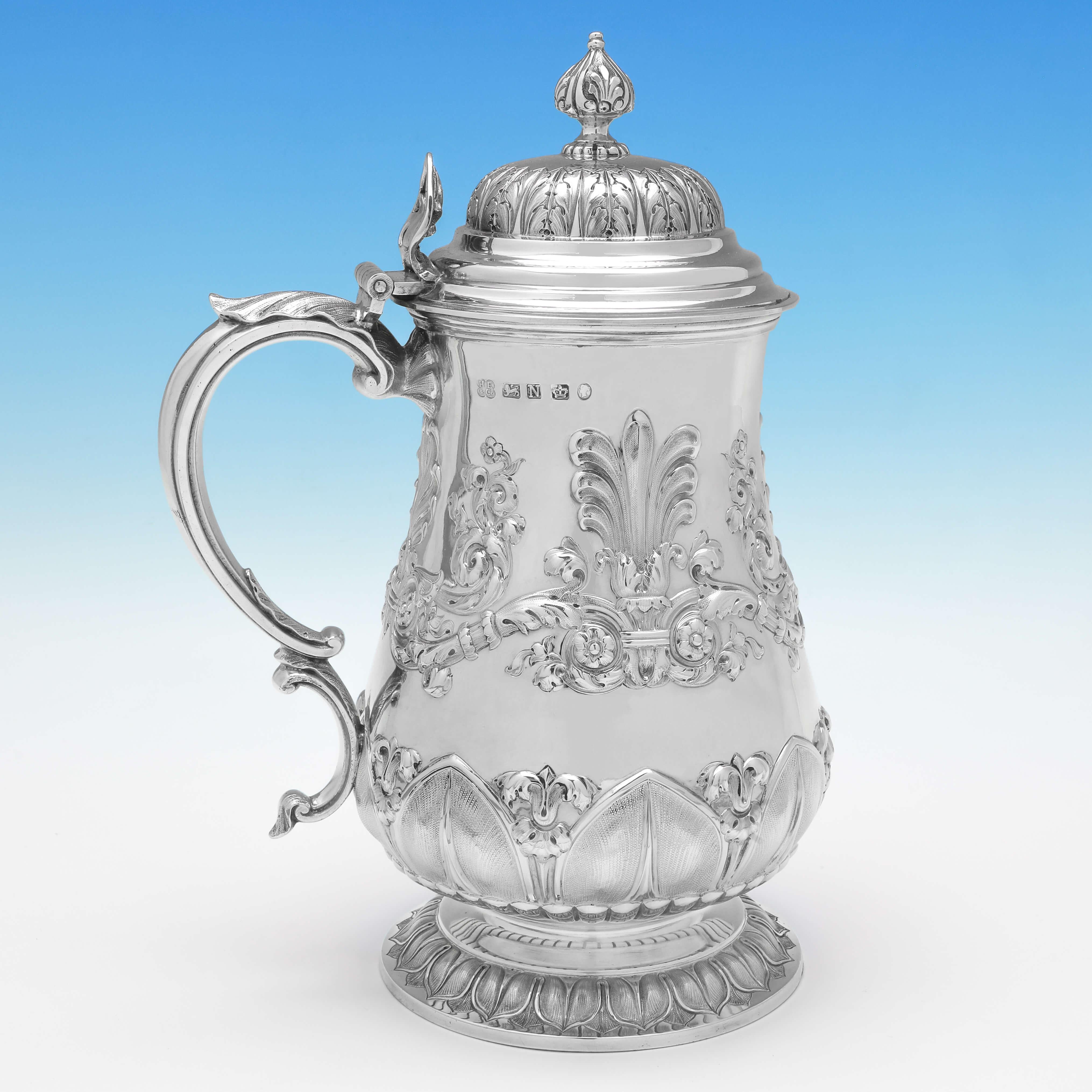 English Ornate Chased Victorian Antique Sterling Silver Tankard, Sheffield 1856 For Sale