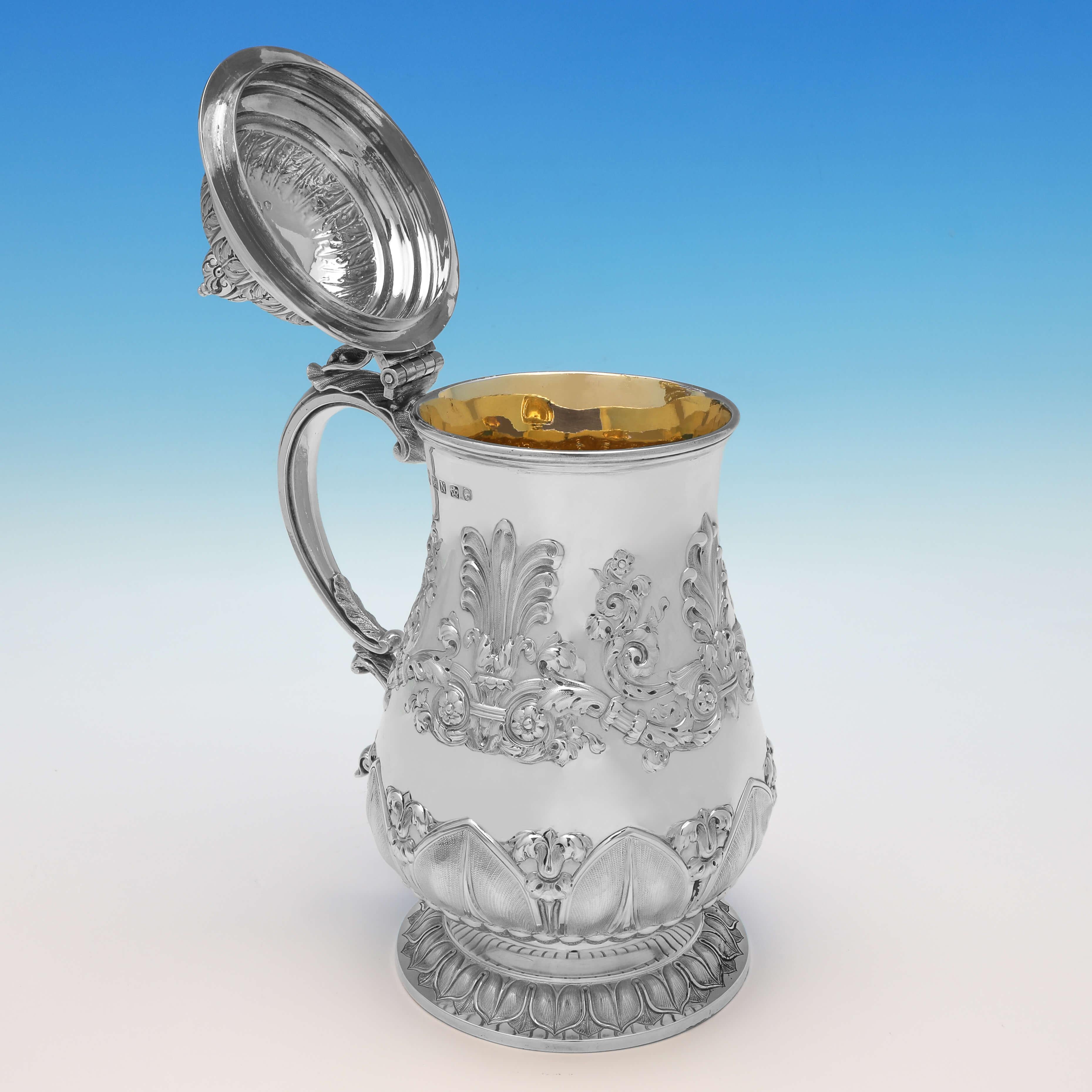 Mid-19th Century Ornate Chased Victorian Antique Sterling Silver Tankard, Sheffield 1856 For Sale