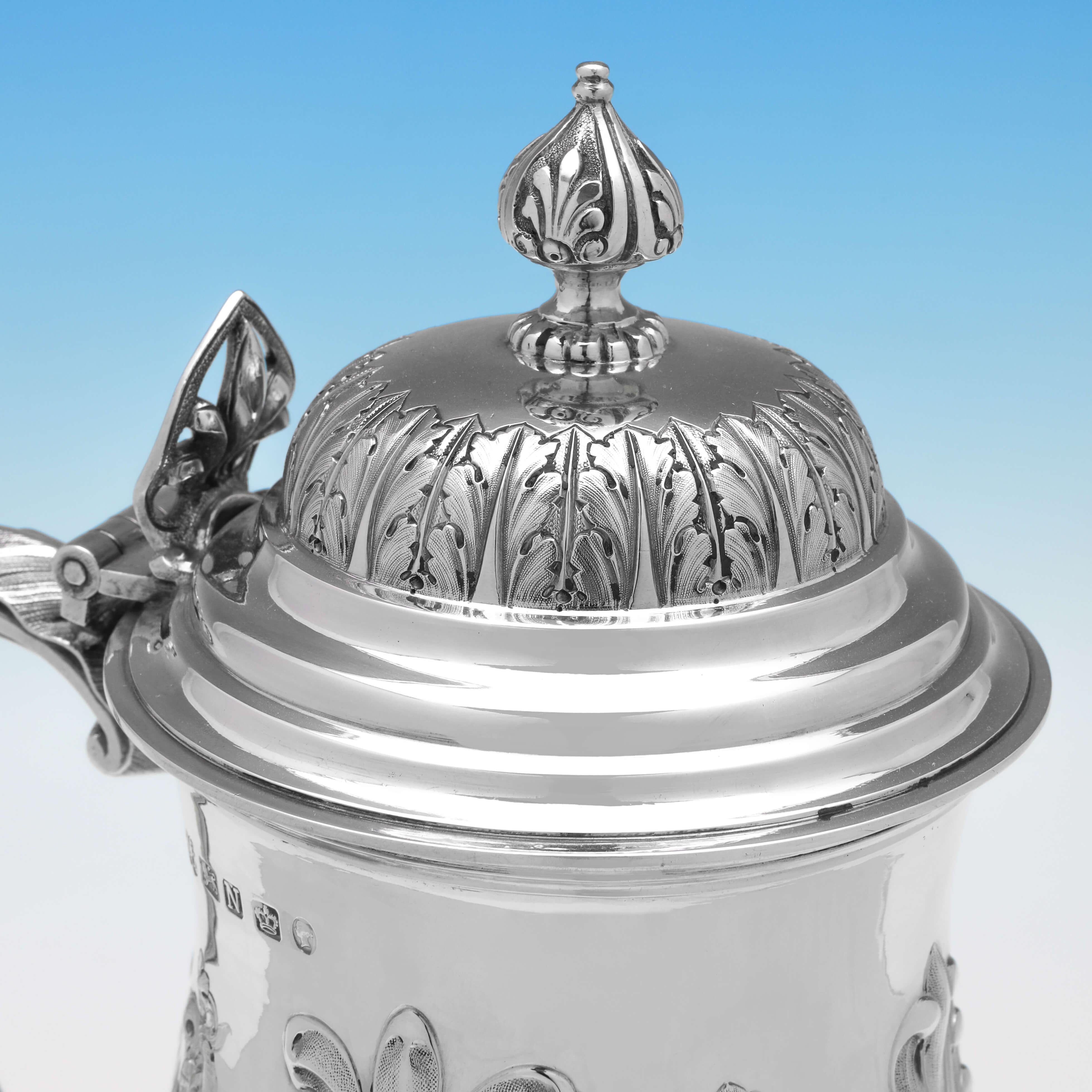 Ornate Chased Victorian Antique Sterling Silver Tankard, Sheffield 1856 For Sale 1