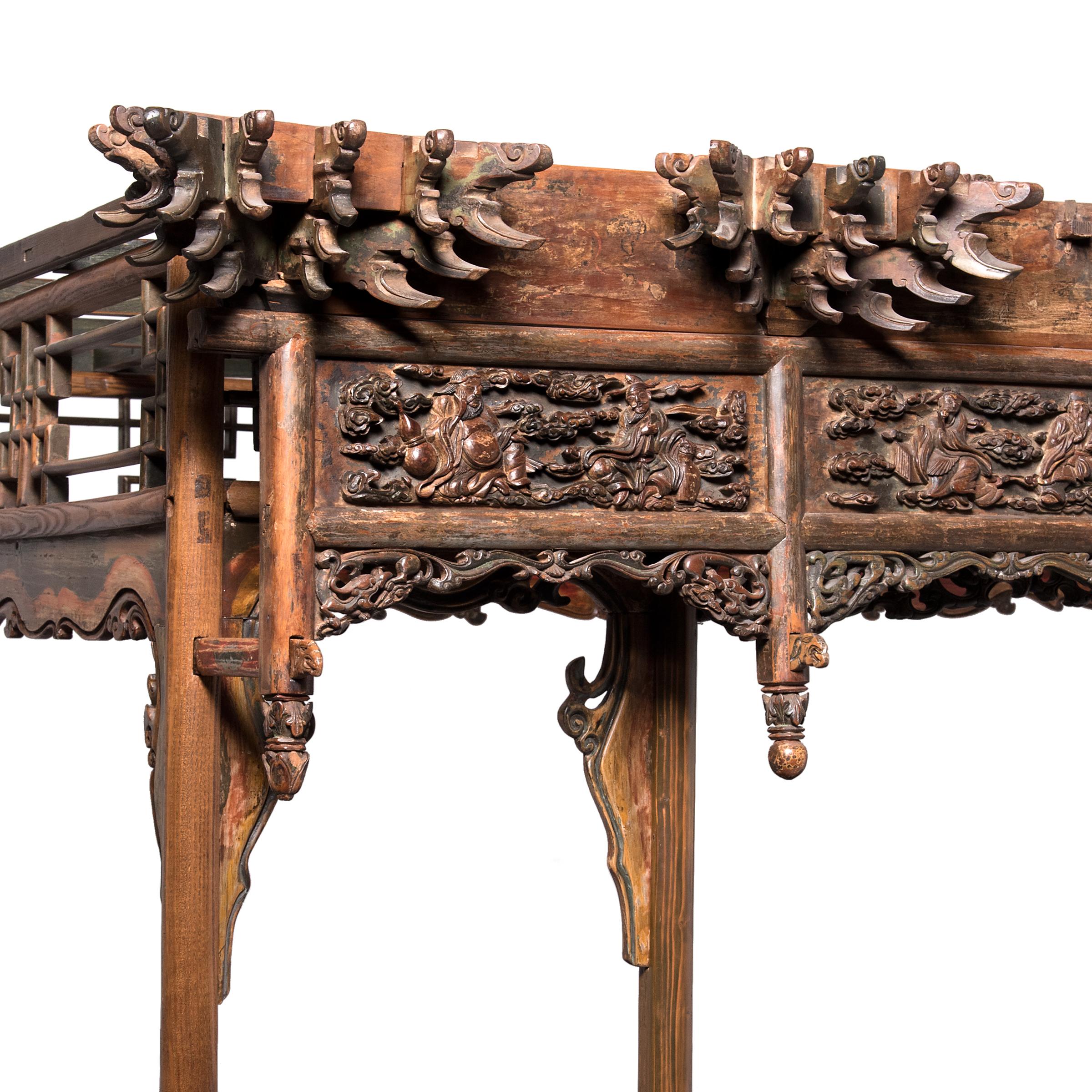 Elm Ornate Chinese Canopy Bed, c. 1750