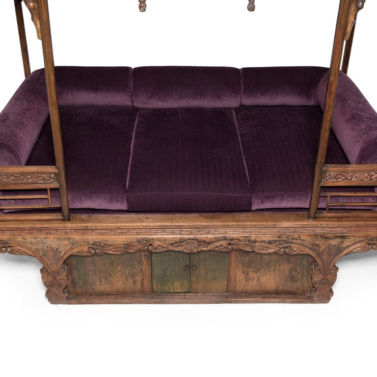 Elm Ornate Chinese Canopy Bed, c. 1750 For Sale