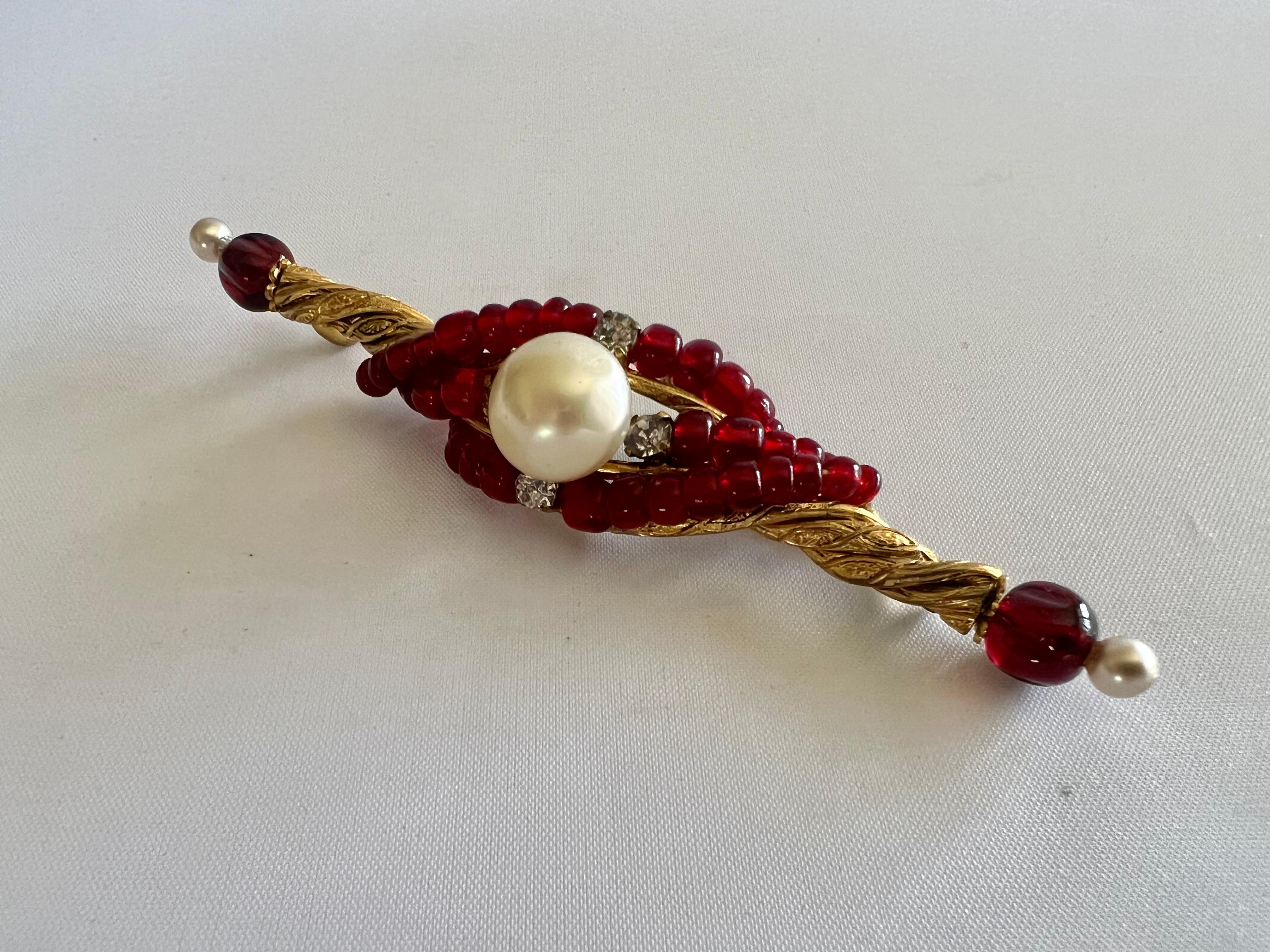 Extremely scare Maison Robert Goossens for Chanel gilt metal bar pin/brooch, accented by red pate de verre beads by 