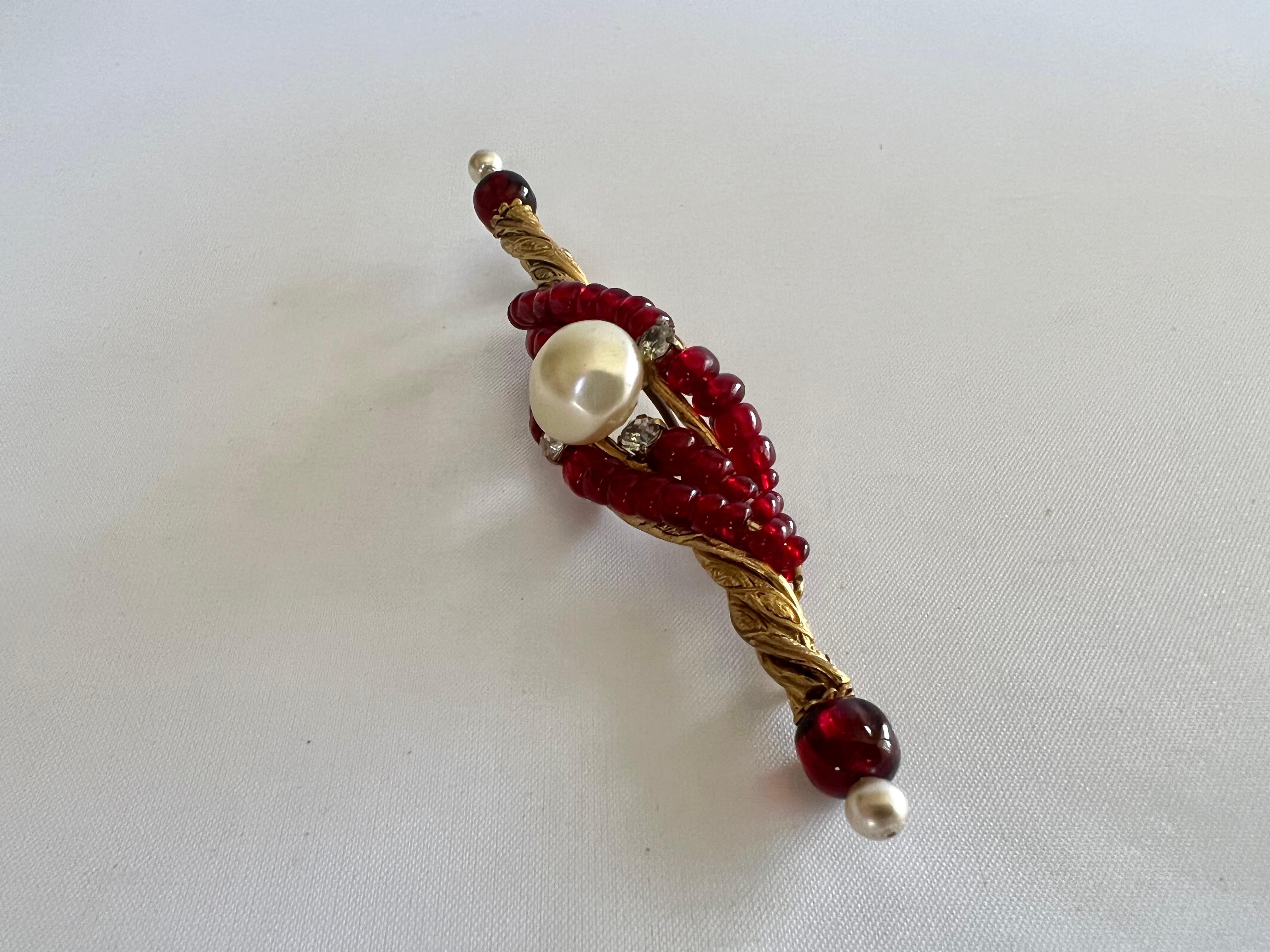 Baroque Ornate Coco Chanel Gilt Pearl Diamante Red Bar Pin/Brooch For Sale