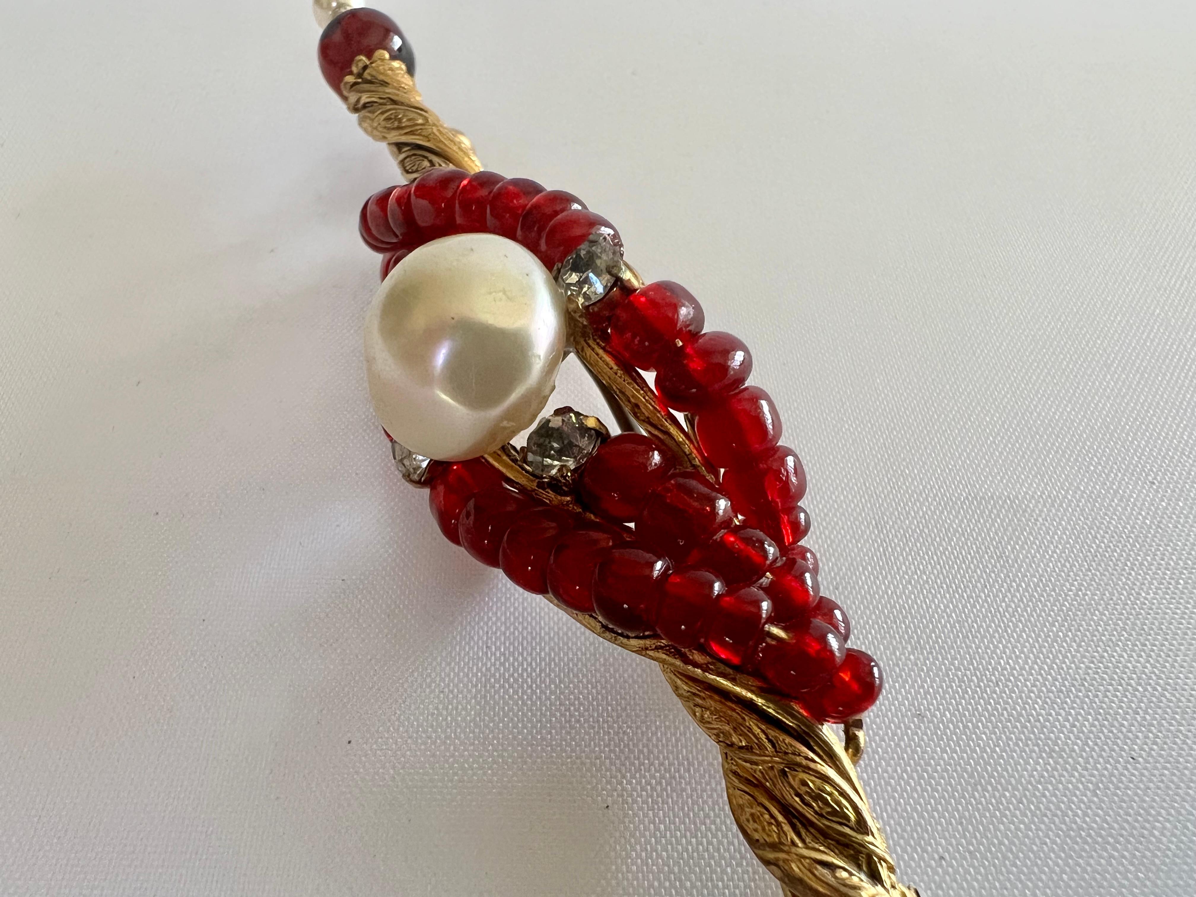 Bead Ornate Coco Chanel Gilt Pearl Diamante Red Bar Pin/Brooch For Sale