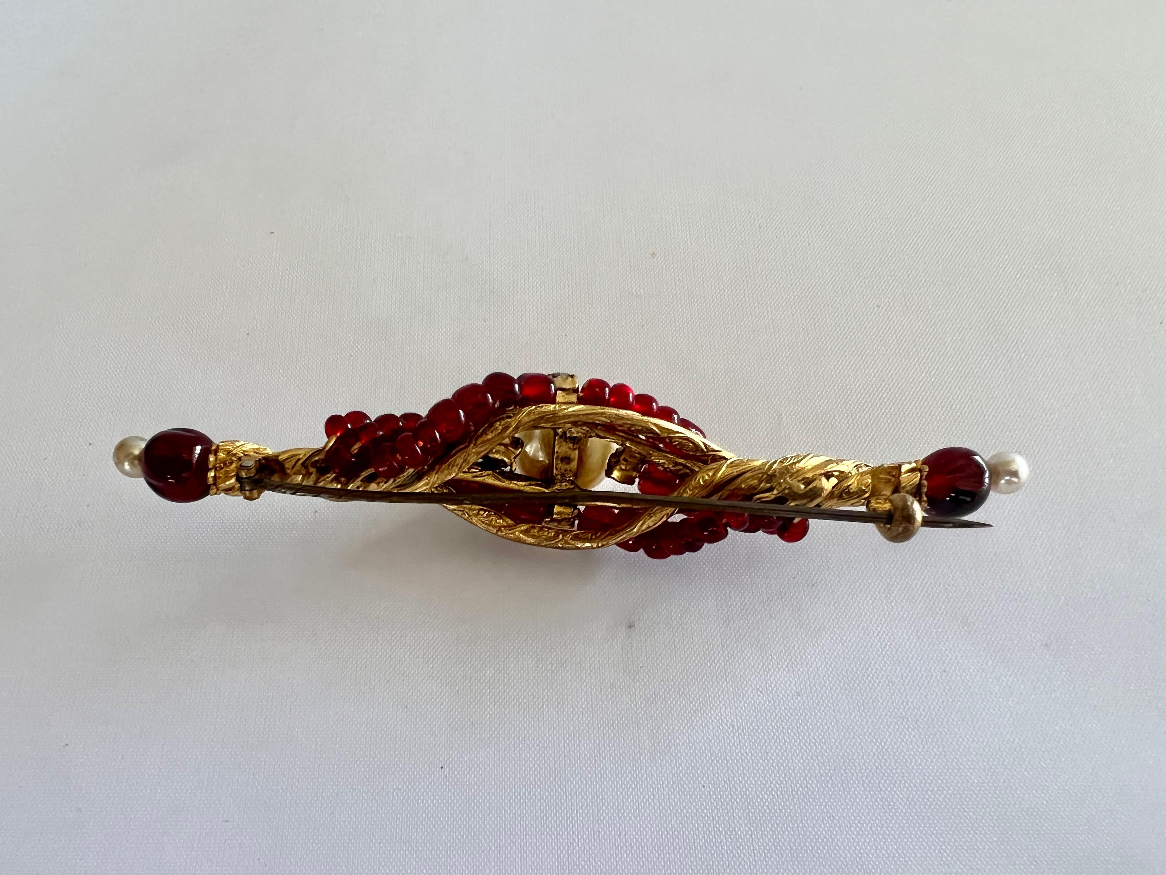 Ornate Coco Chanel Gilt Pearl Diamante Red Bar Pin/Brooch In Excellent Condition For Sale In Palm Springs, CA