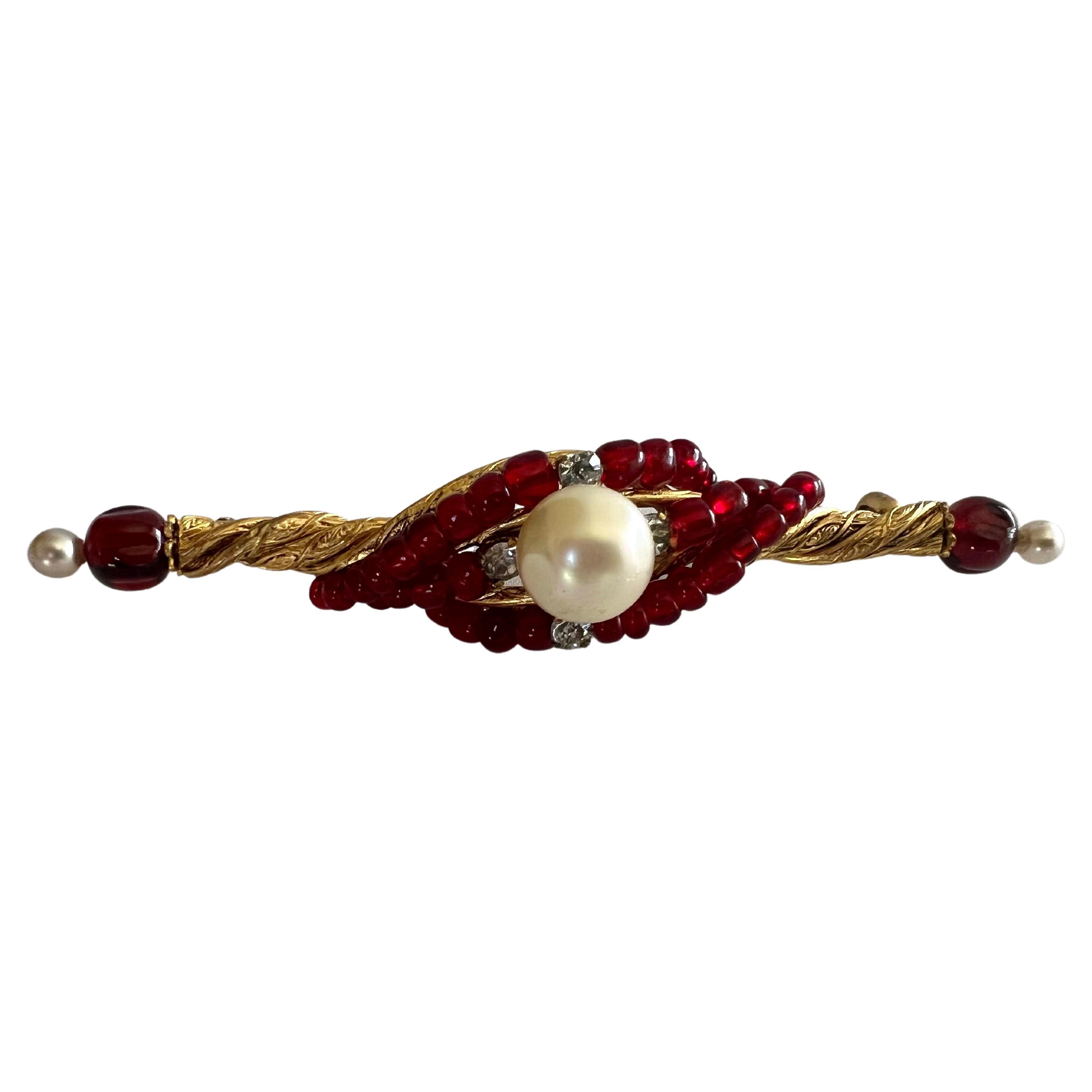 Ornate Coco Chanel Gilt Pearl Diamante Red Bar Pin/Brooch For Sale