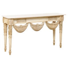 Ornate Console Table with Heavily-Swagged Skirt and Travertine Top