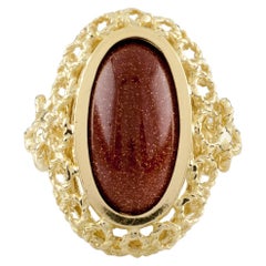 Vintage Ornate Corletto Goldstone Cabochon Ring in Yellow Gold