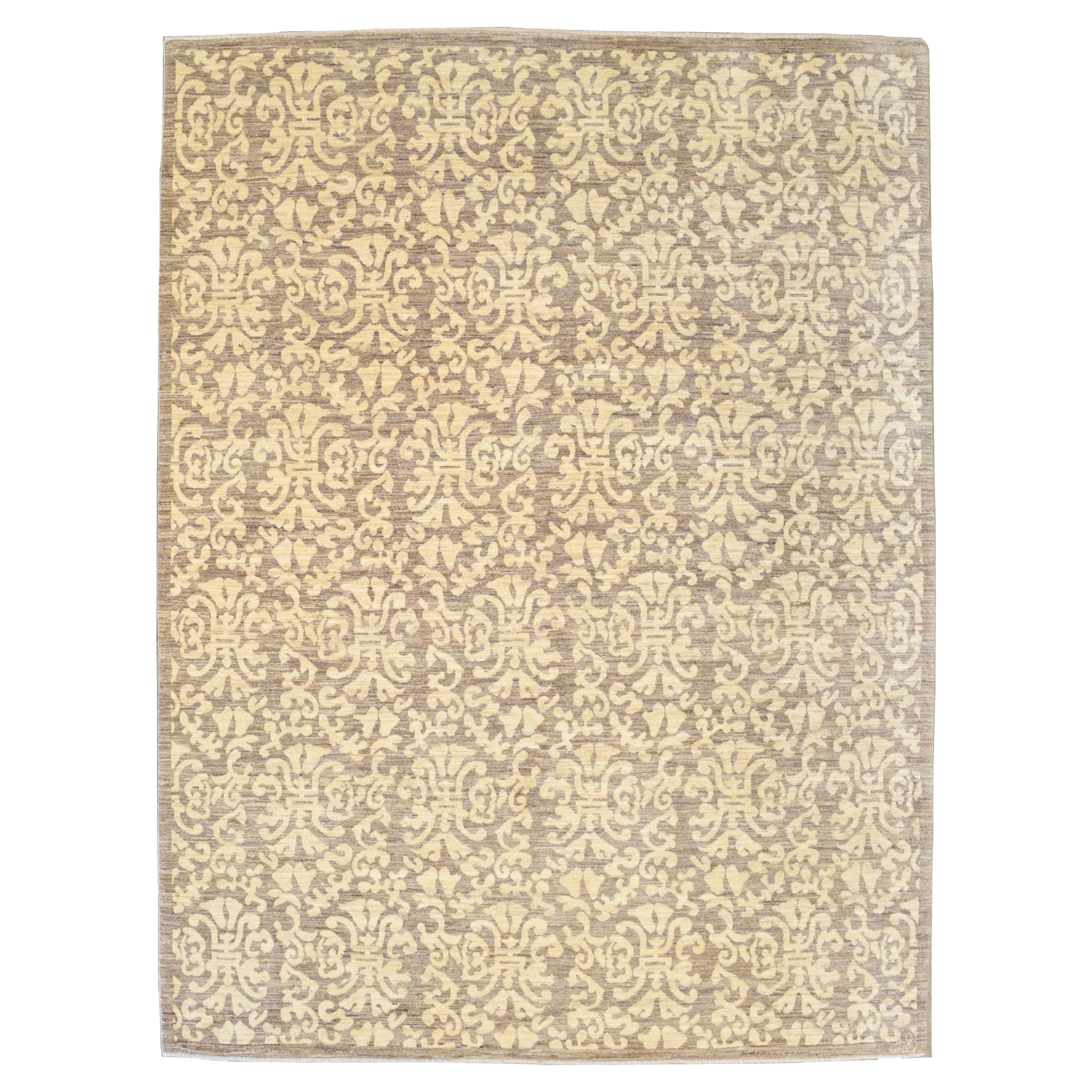 Tappeto persiano ornato in lana marrone e crema con motivo floreale damascato, 8' x 10'
