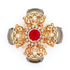 Ornate Cross Brooch With Ruby Red & Gray Crystals By Capri, 1970s