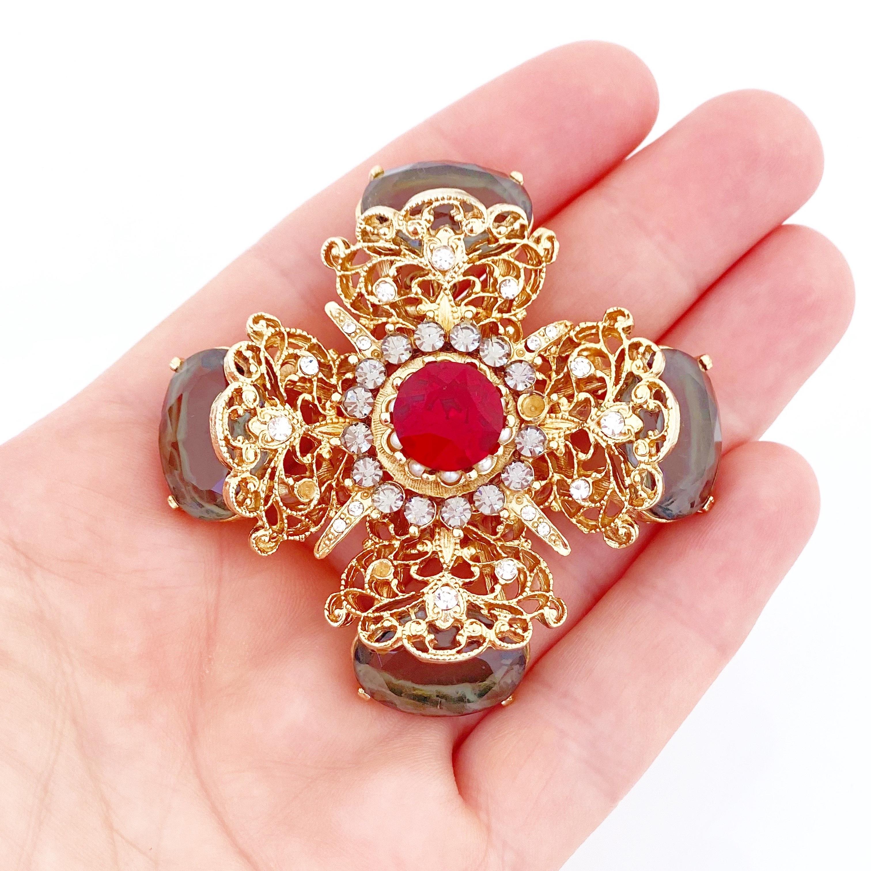 Ornate Cross Brooch With Ruby Red & Gray Crystals By Capri, 1970s 1