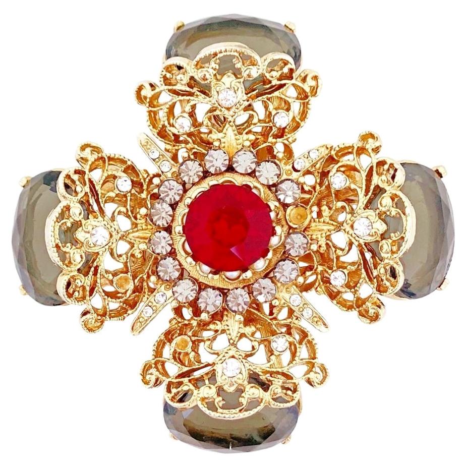 Ornate Cross Brooch With Ruby Red & Gray Crystals By Capri, 1970s